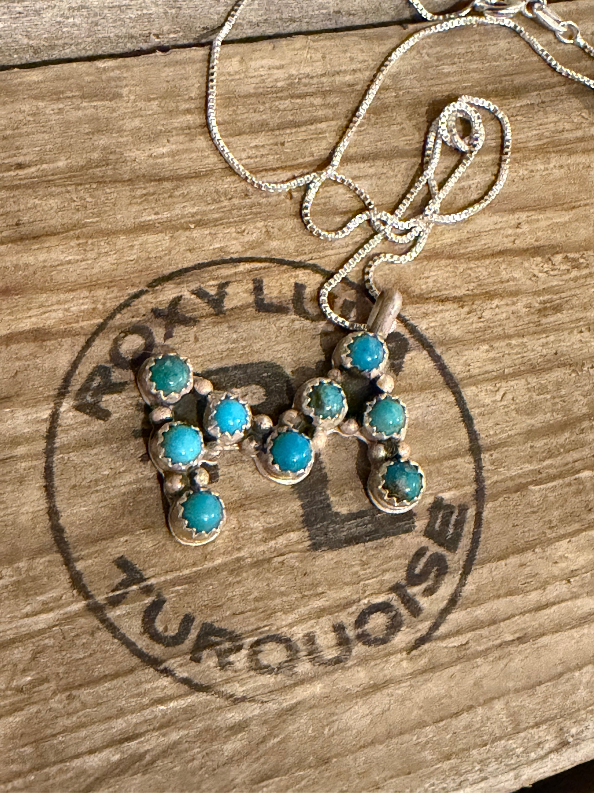 Native American Handmade Sterling Silver Turquoise Letter M Necklace