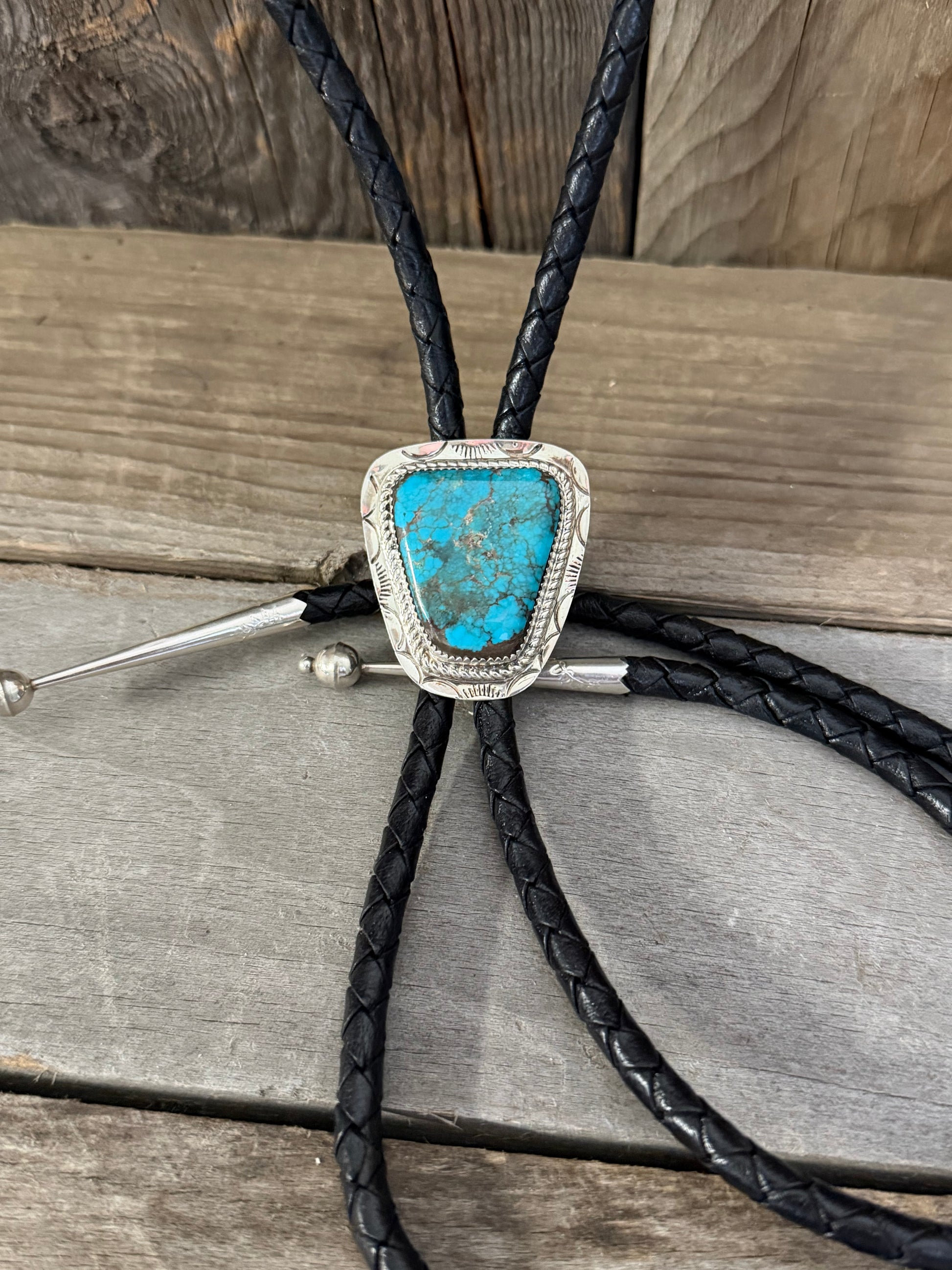Native American Handmade Sterling Silver Kingman Turquoise Bolo Tie