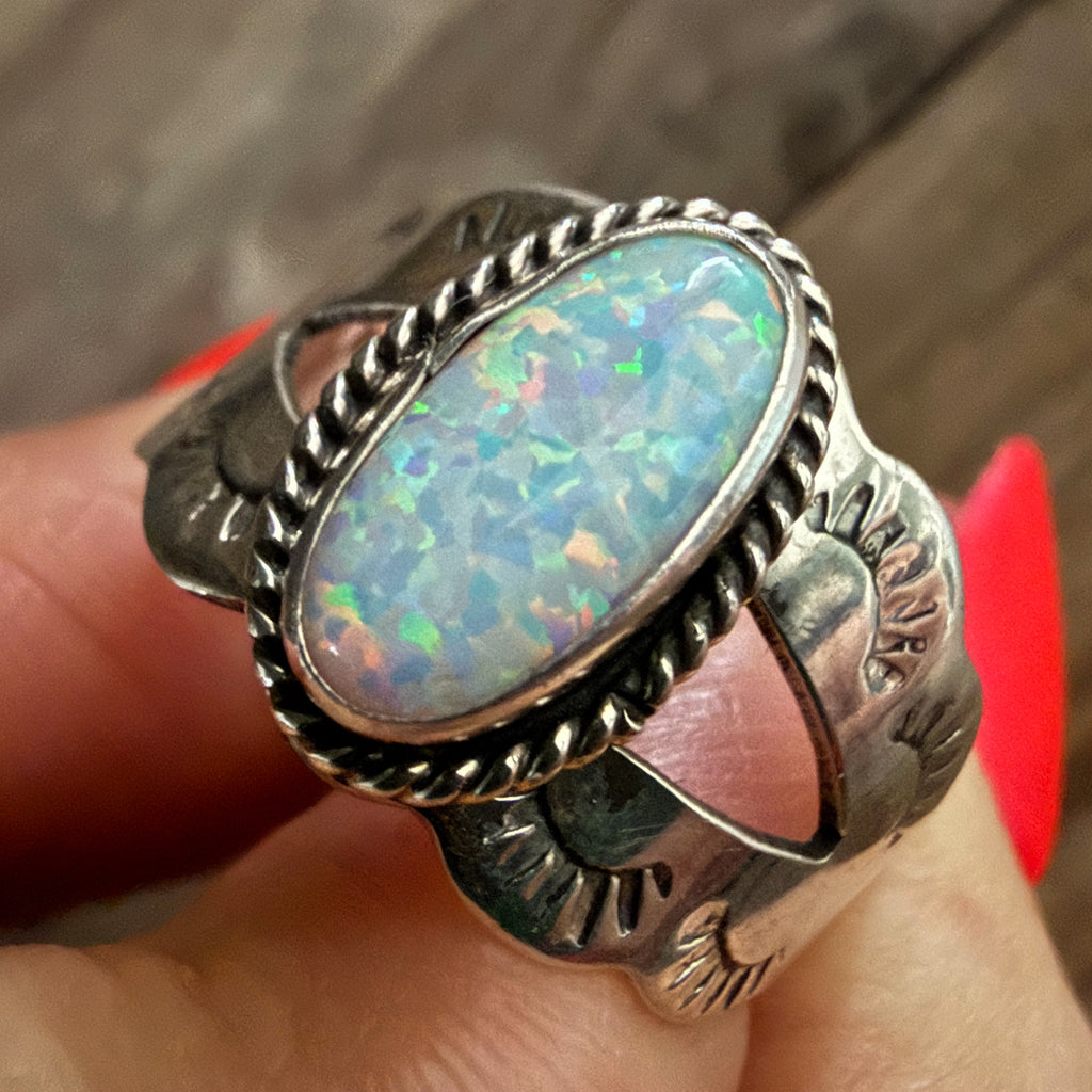 Authentic Native American Handmade Stamped Sterling Silver and Opal Ring size 10.