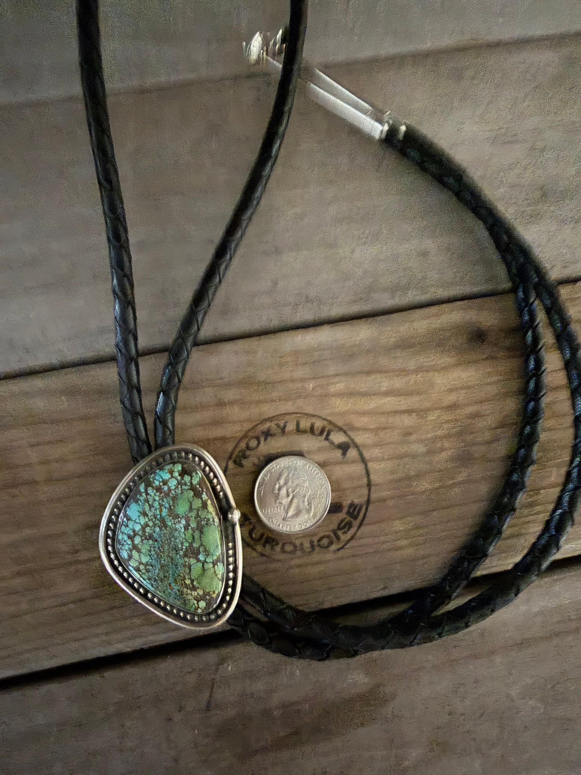 Native American Handmade Sterling Silver Hubei Turquoise Bolo Tie