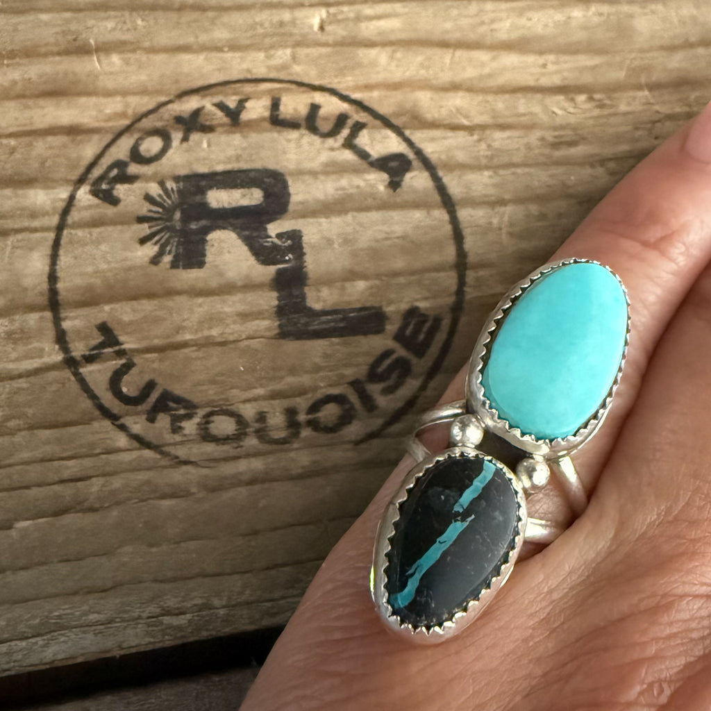 Authentic Native American Handmade Sterling Silver , Turquoise, and Black Jack Ring size 5 1/2
