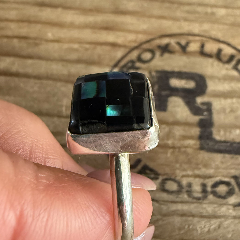 Authentic Native American Handmade Sterling Silver, Black Onyx, and Abalone shell Checkered Ring size 9 3/4