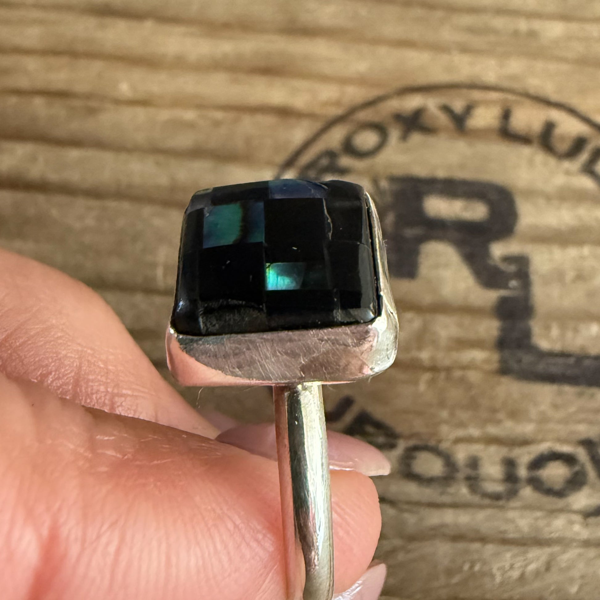 Authentic Native American Handmade Sterling Silver, Black Onyx, and Abalone shell Checkered Ring size 9 3/4