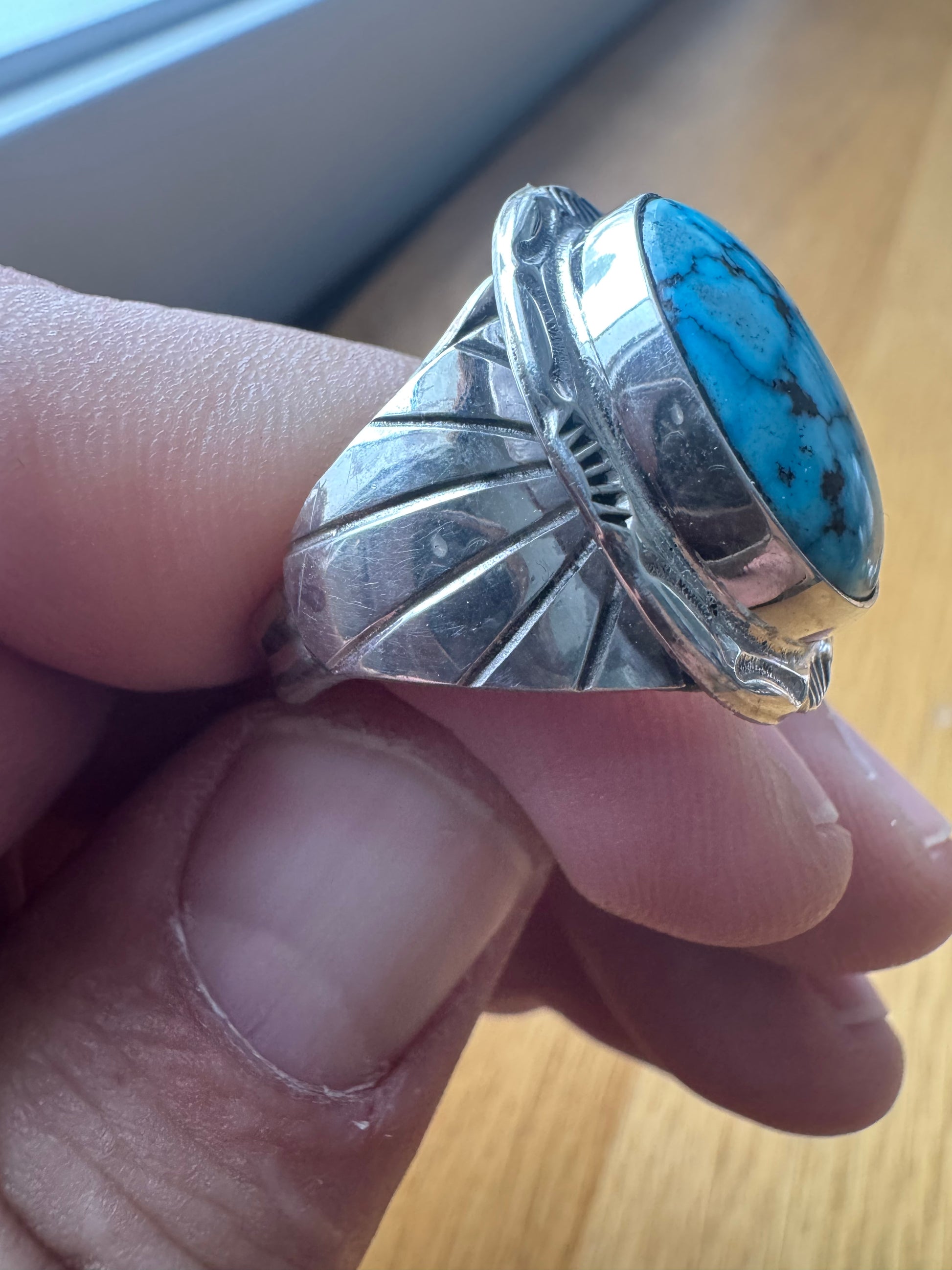 Handmade Sterling Silver-Kingman Web Turquoise Ring Size 13