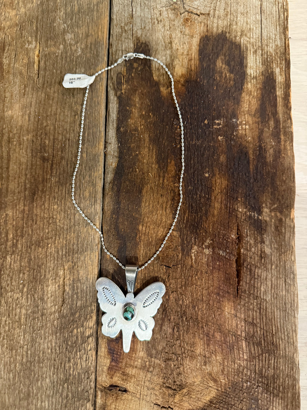 Authentic Native American Handmade Sterling Silver and Turquoise Butterfly Pendant