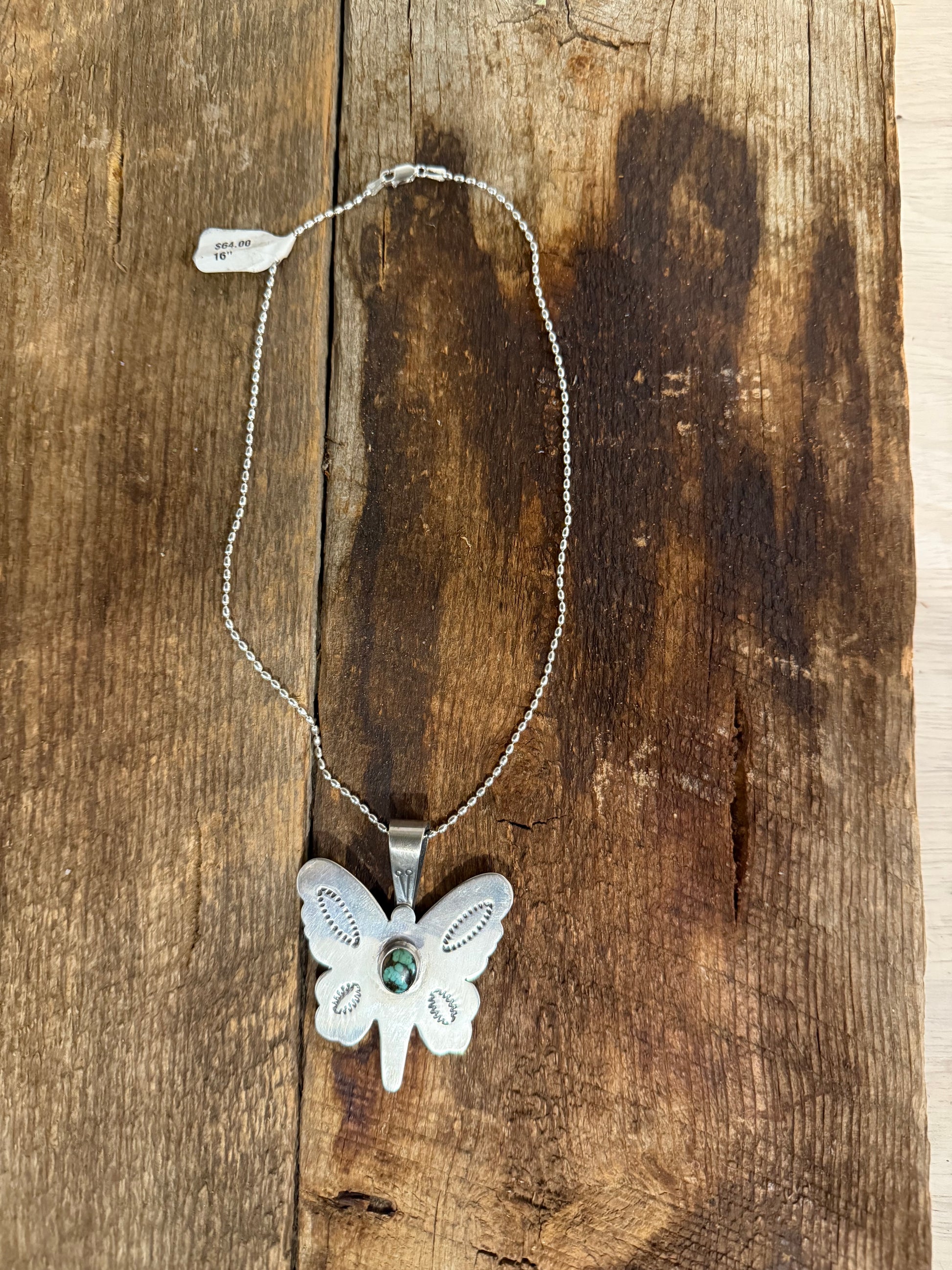Authentic Native American Handmade Sterling Silver and Turquoise Butterfly Pendant