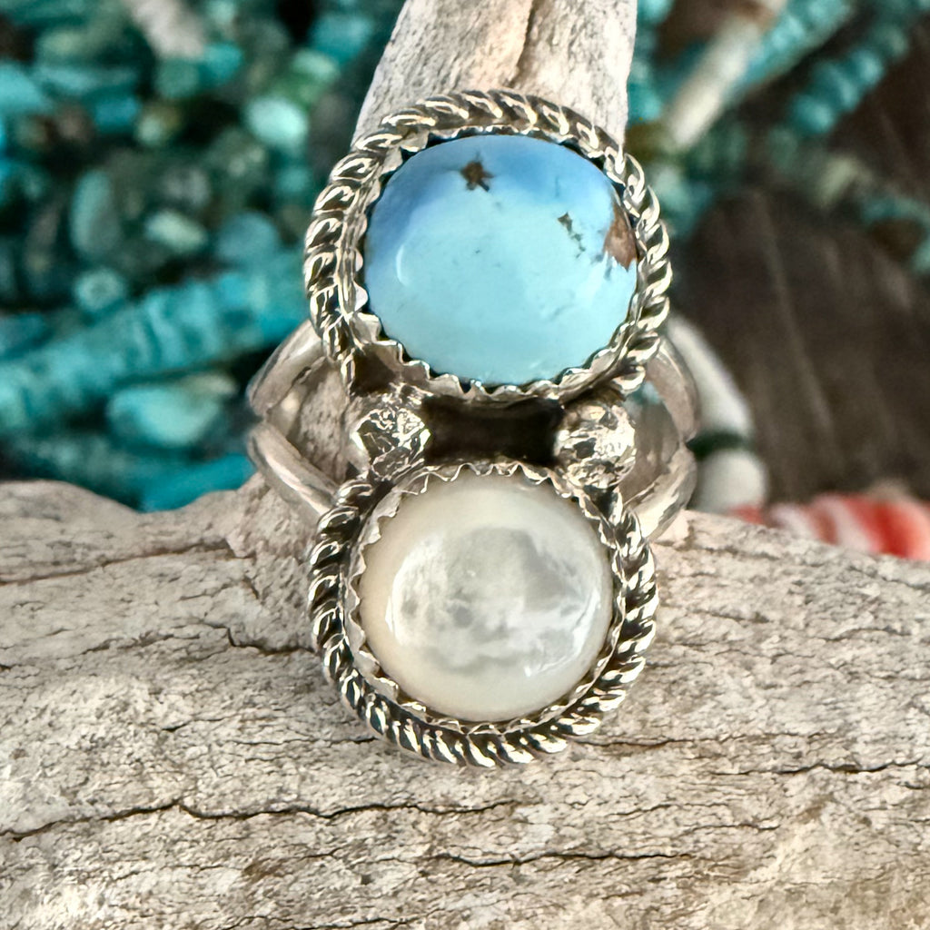 Authentic Native American Handmade Sterling Silver, Golden Hills Turquoise, and Moonstone Ring size 7 1/2.