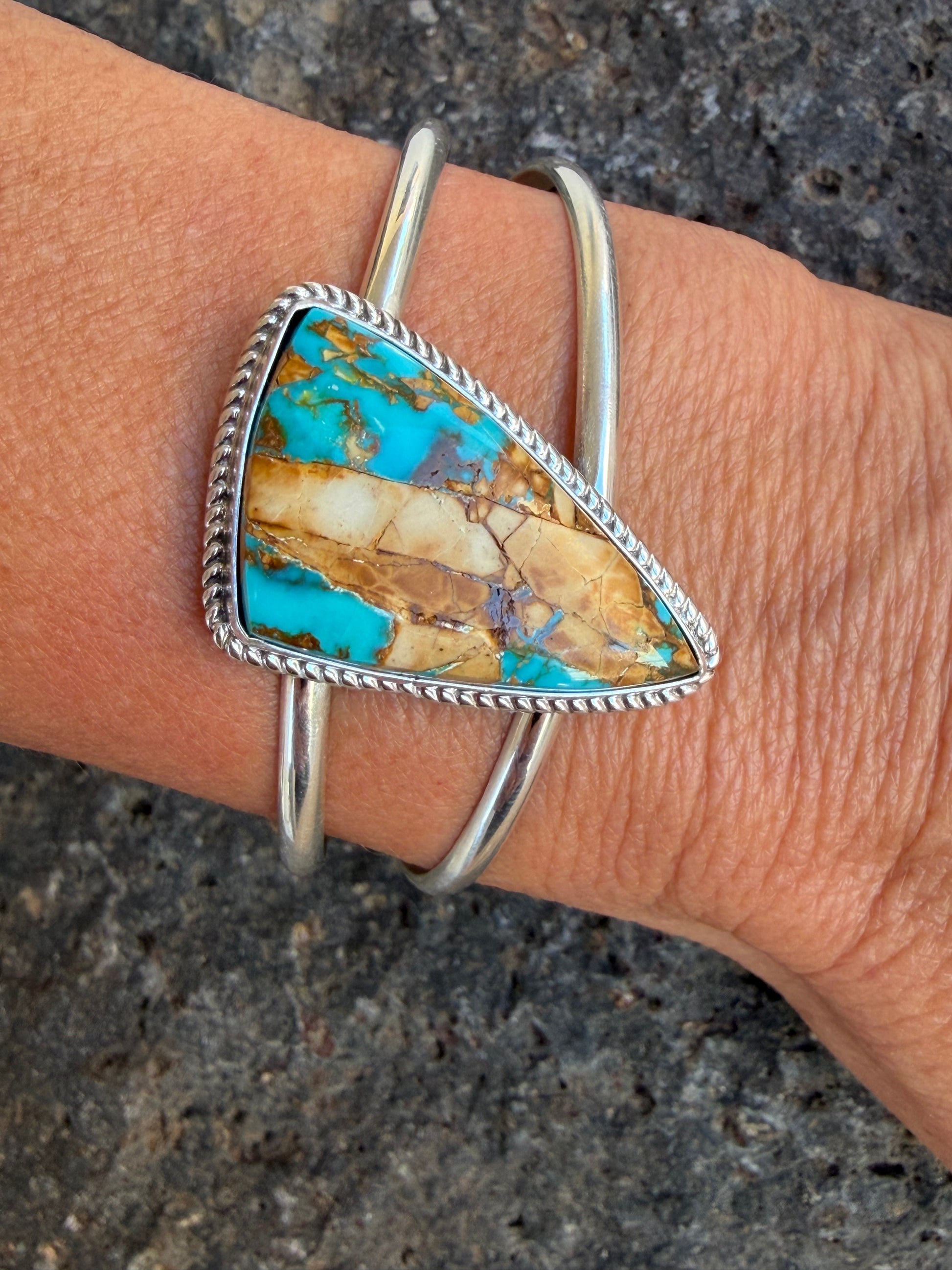Native American Jennifer Begay Handmade Sterling Silver-Royston Ribbon Turquoise Bracelet-Cuff (Women’s)