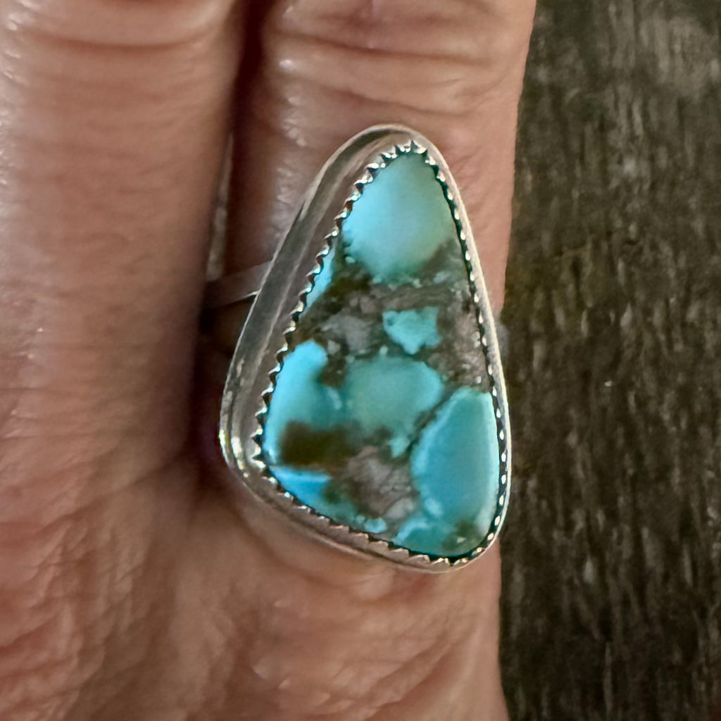 Authentic Native American Handmade Sterling Silver and Kingman Turquoise Web Ring Size 10.
