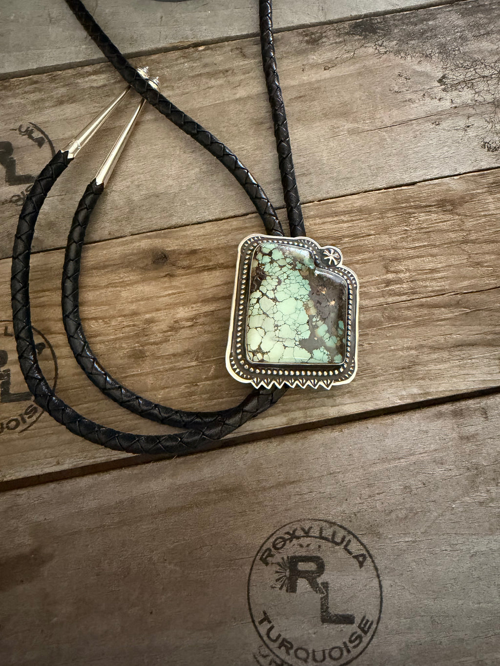 Native American Randy Begay Utah Hubei Turquoise and Silver Handmade Turquoise Bolo Tie