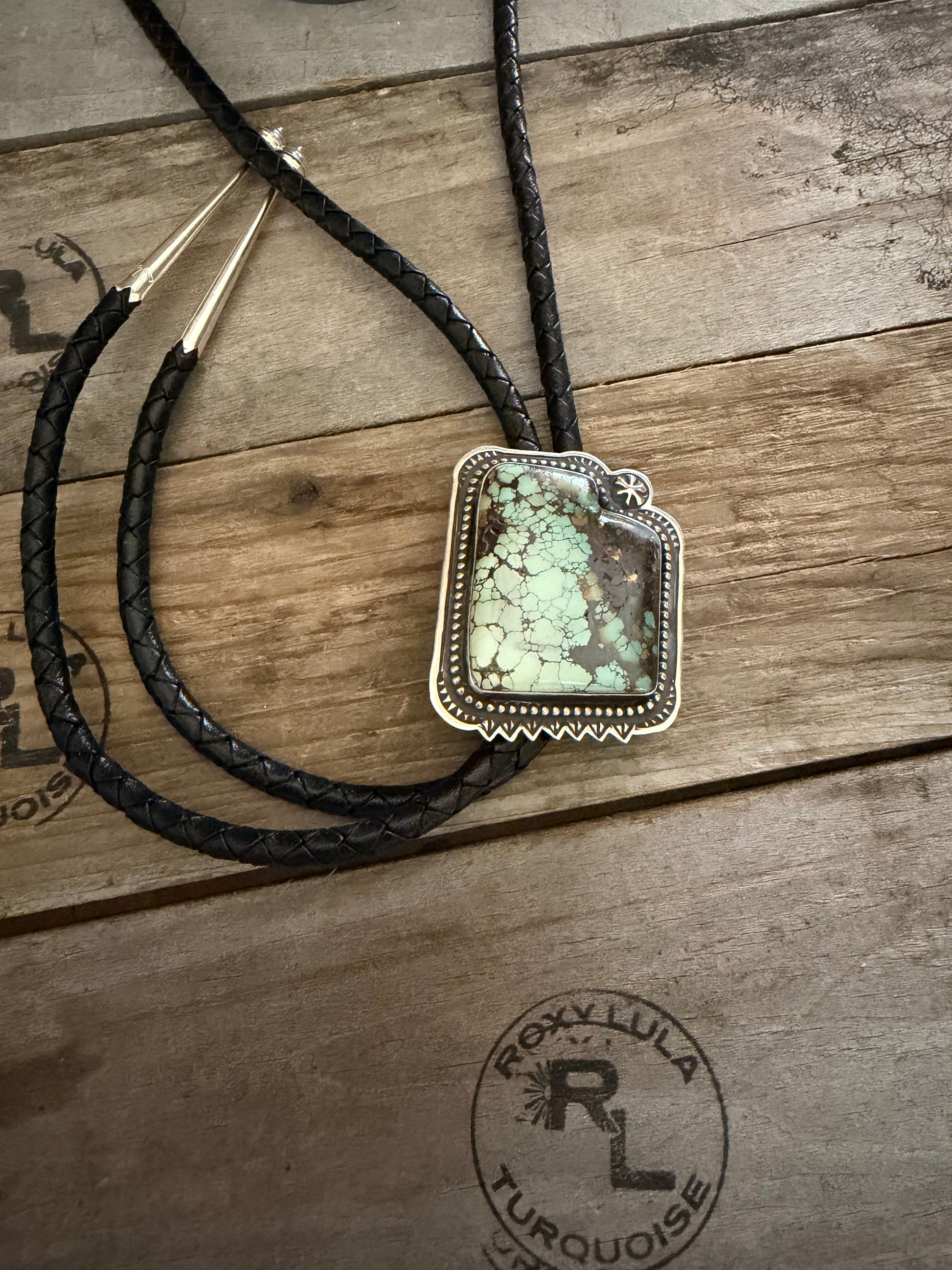 Native American Randy Begay Utah Hubei Turquoise and Silver Handmade Turquoise Bolo Tie