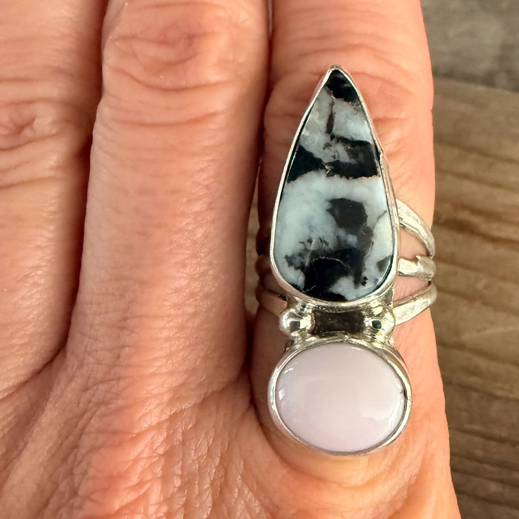 Authentic Native American Handmade Sterling Silver, Pink Conch Shell, and Zebra Stone Ring size 7 1/2.