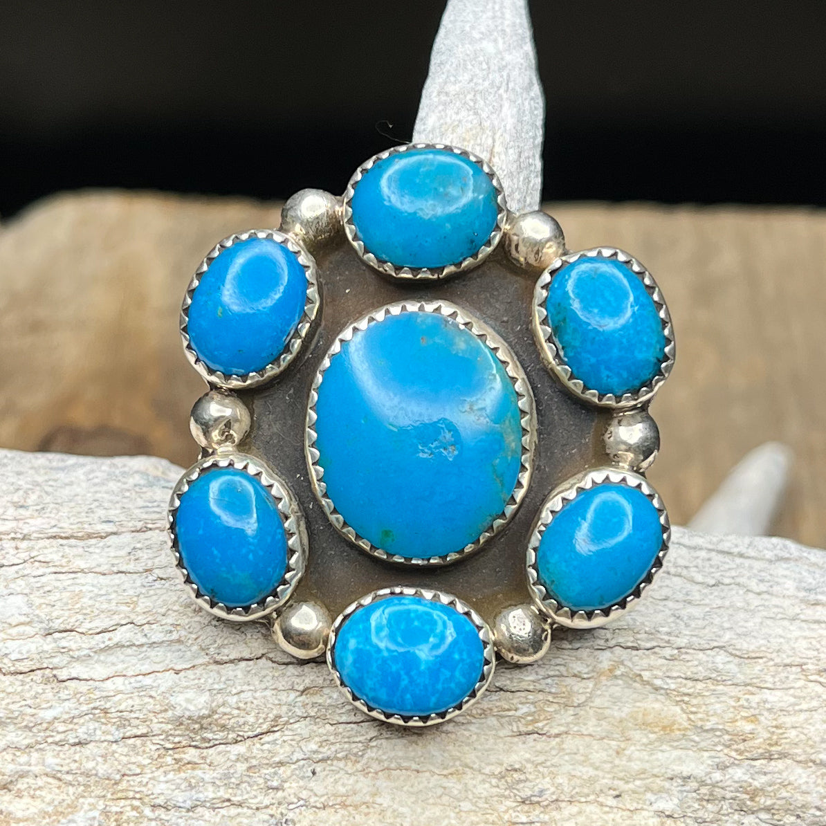 Authentic Native American Handmade Sterling Silver Turquoise Flower Cluster Ring Size 7 1/2.