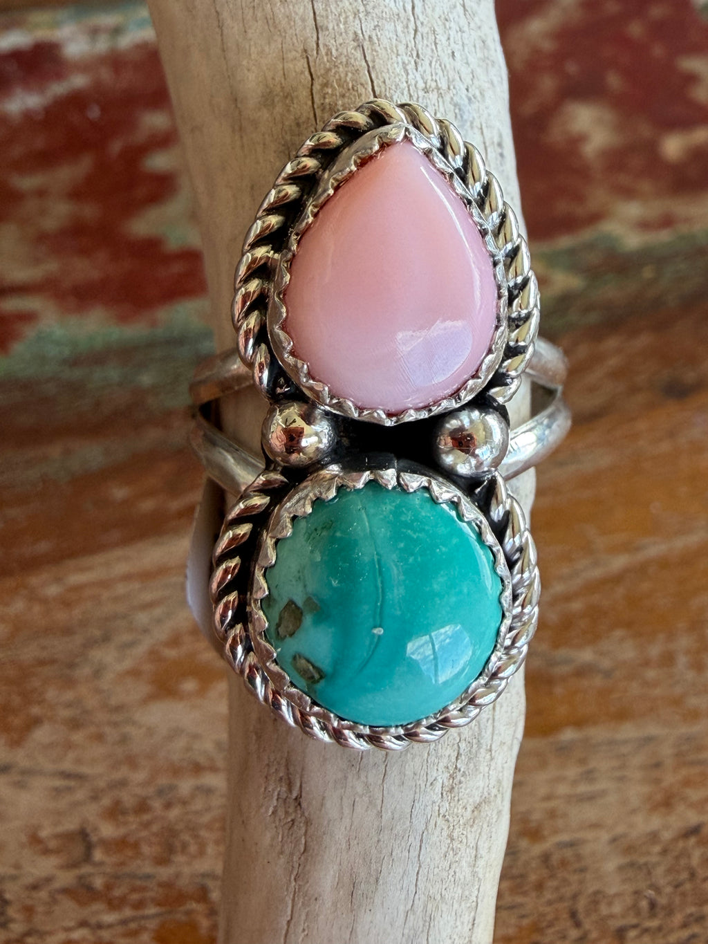 Native American Handmade Pink Conch-Turquoise Sterling Double Stack Ring