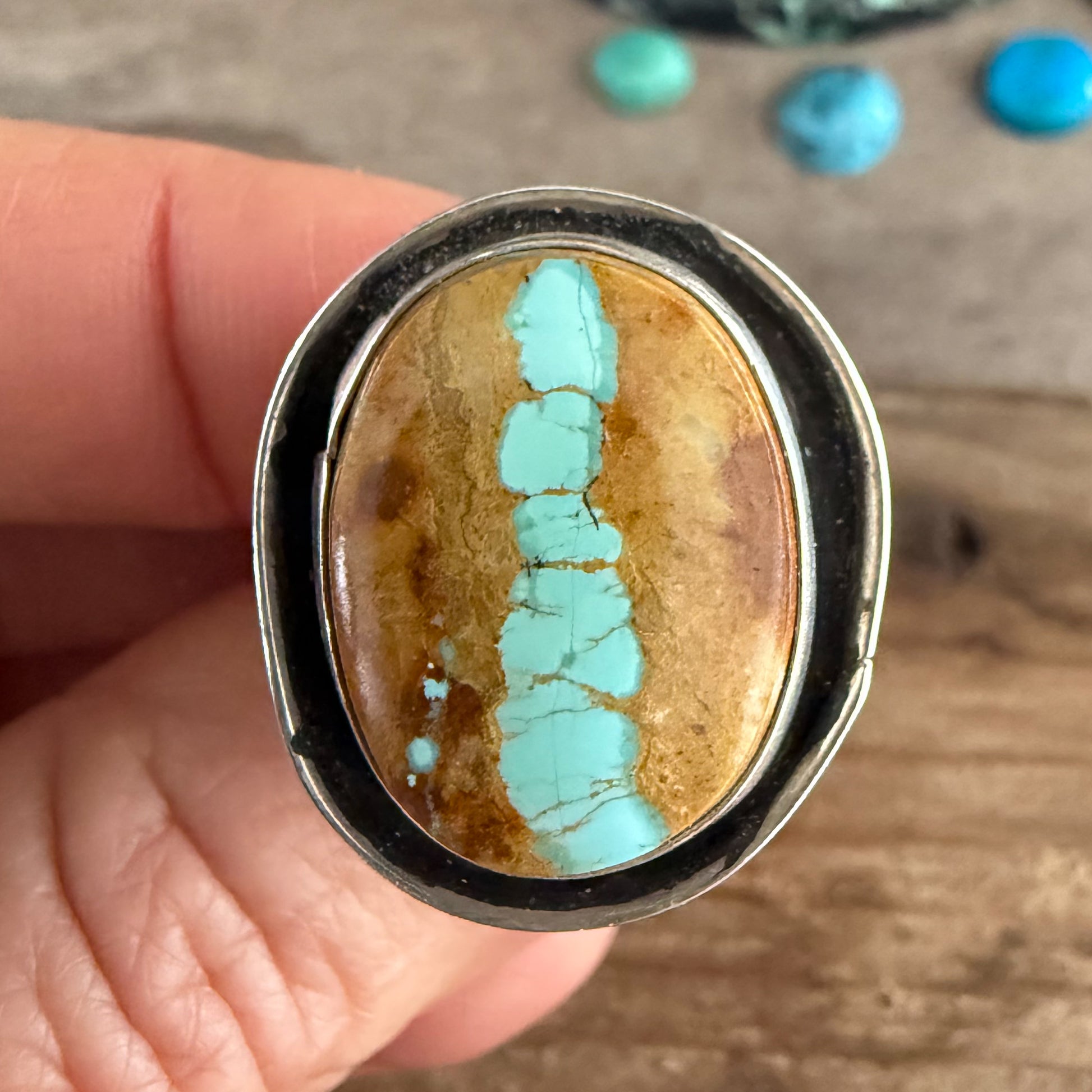Authentic Native American Handmade Sterling Silver and Royston Ribbon Turquoise Ring size 5 3/4.
