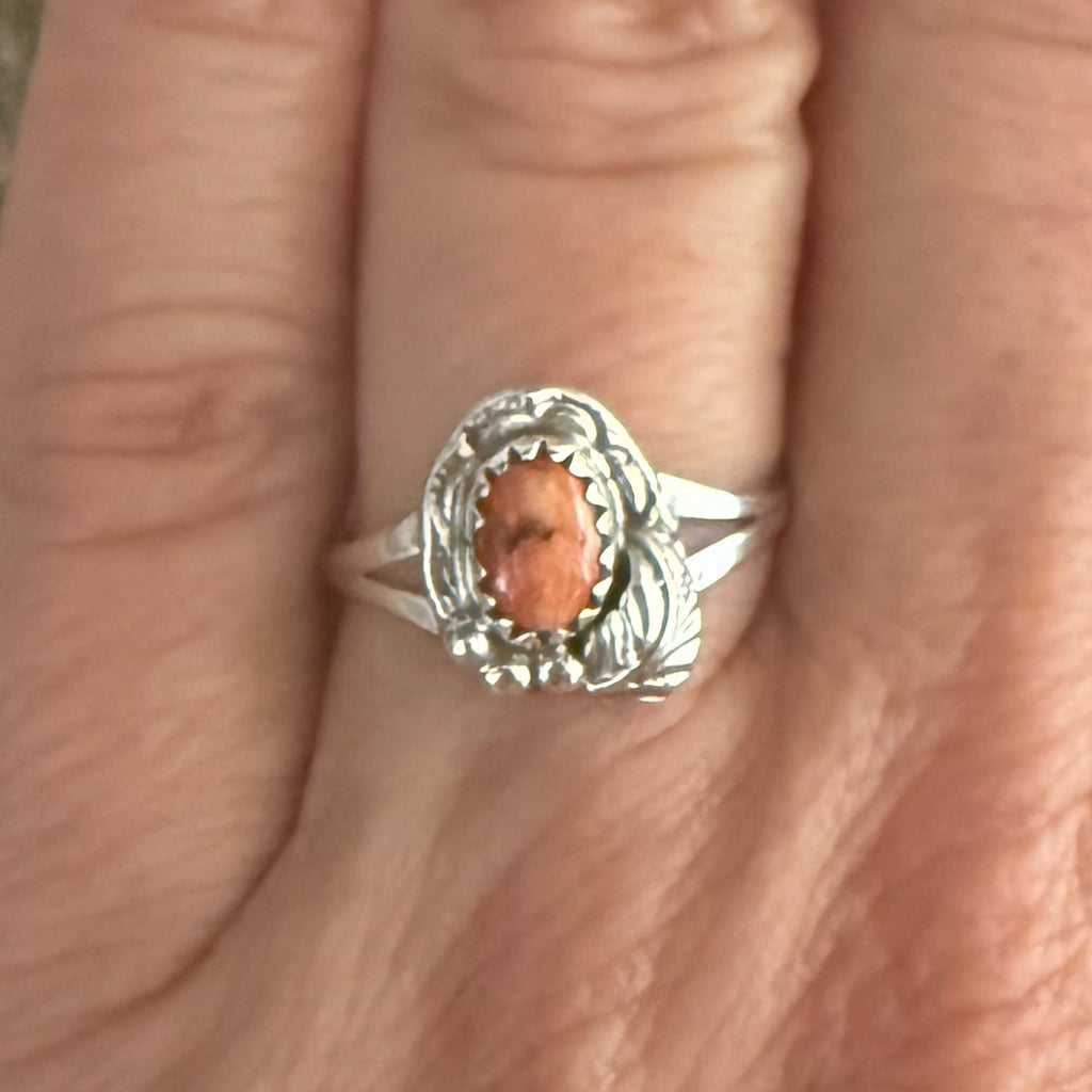 Authentic Native American Handmade Sterling Silver and Orange Spiny Oyster Ring Size 7 1/2.