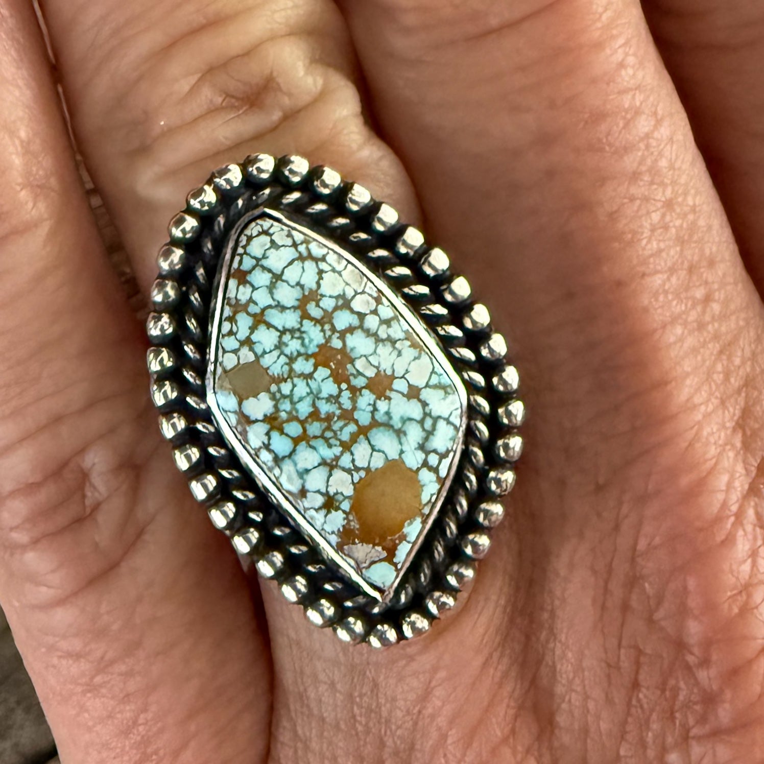 Authentic Native American Handmade Sterling Silver and Royston Turquoise Ring size 7.