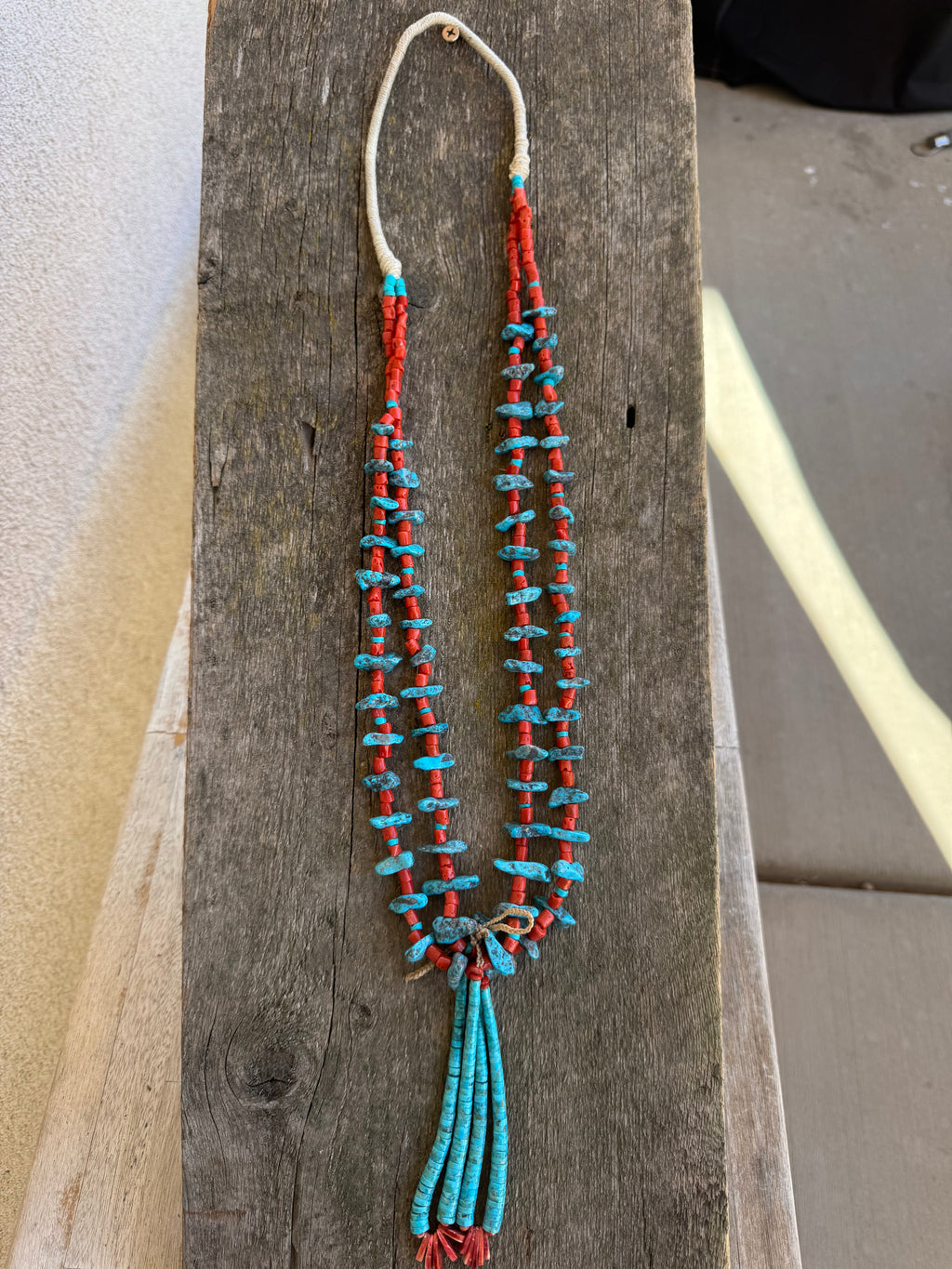 Native American Handmade Kingman Turquoise-Coral Necklace with Kingman and Spiny Oyster Jacla