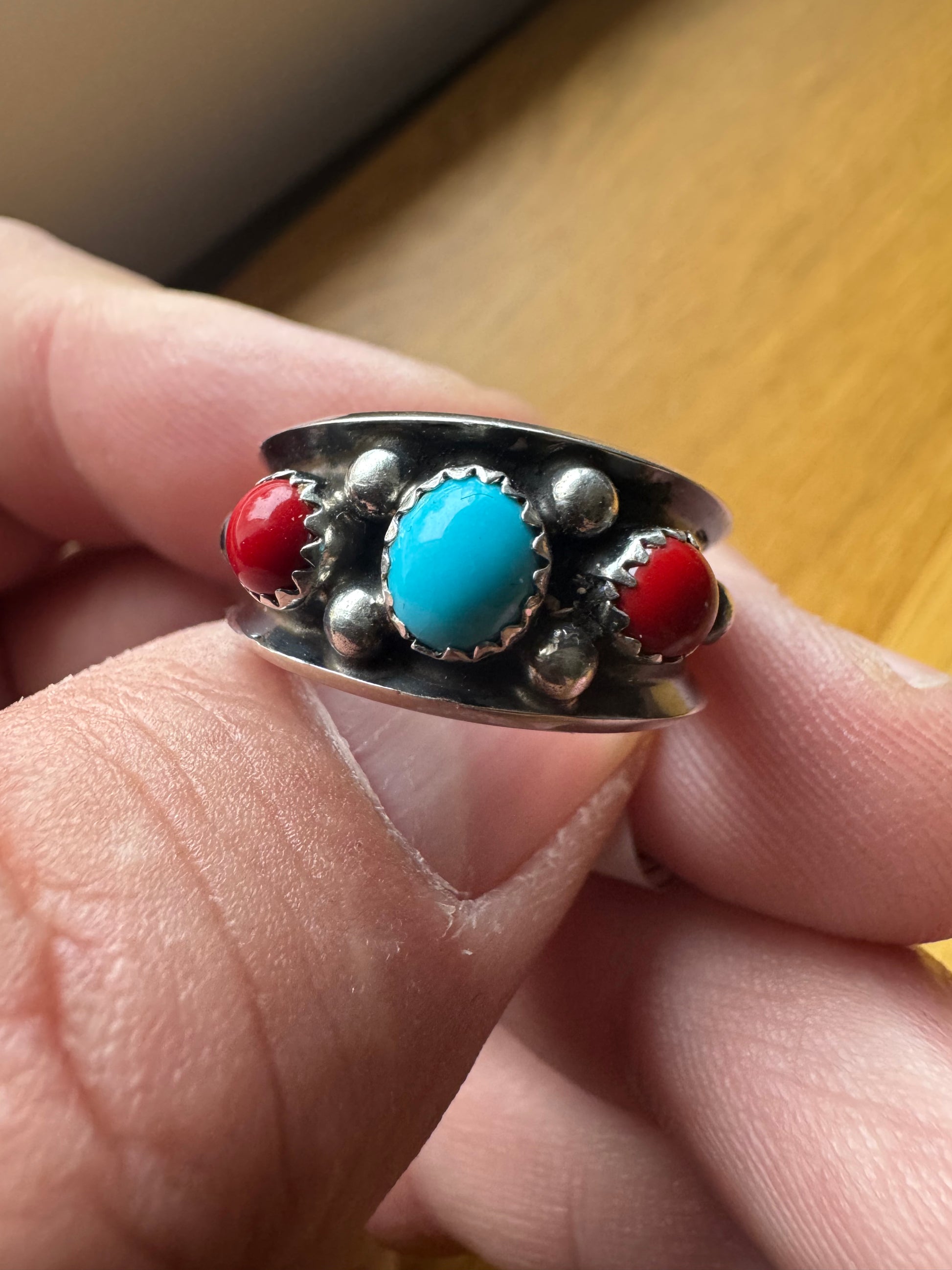 Handmade Turquoise-Coral Custom Silver Ring Size 11