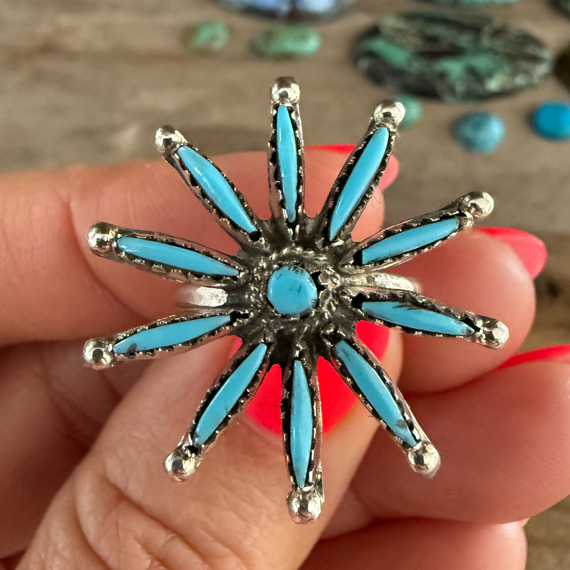 Authentic Native American Handmade Sterling Silver and Sleeping Beauty Turquoise Zuni Needlepoint Ring size 7 1/4.