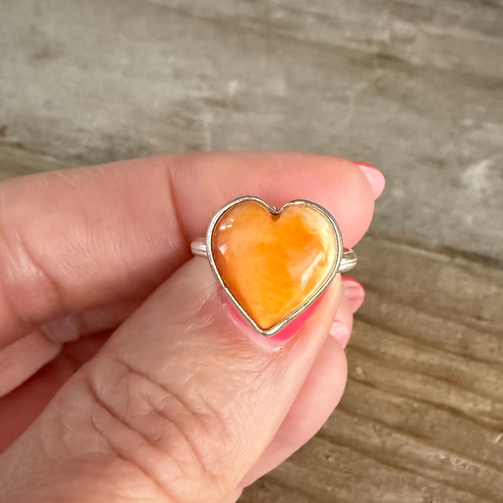 Authentic Native American Handmade Sterling Silver and Spiny Oyster Heart Shaped Ring size 5 1/2.