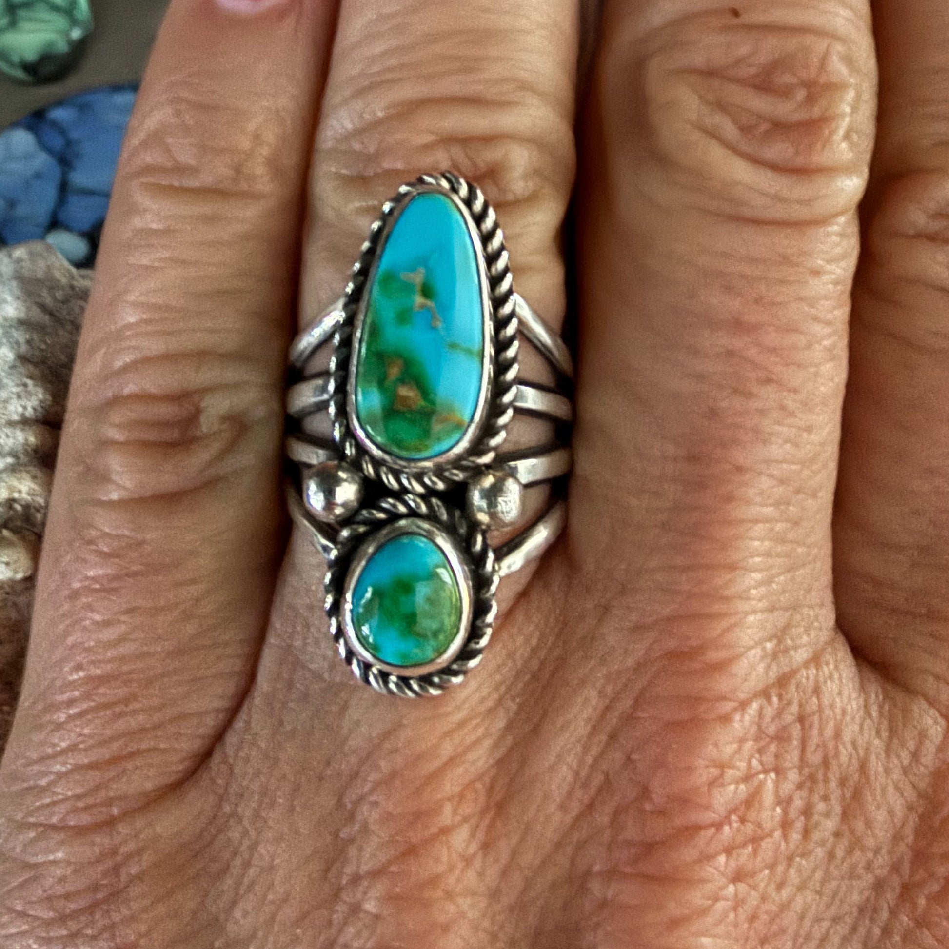 Authentic Native American Handmade Sterling Silver and Sierra Bella Turquoise Ring          size 6 3/4.