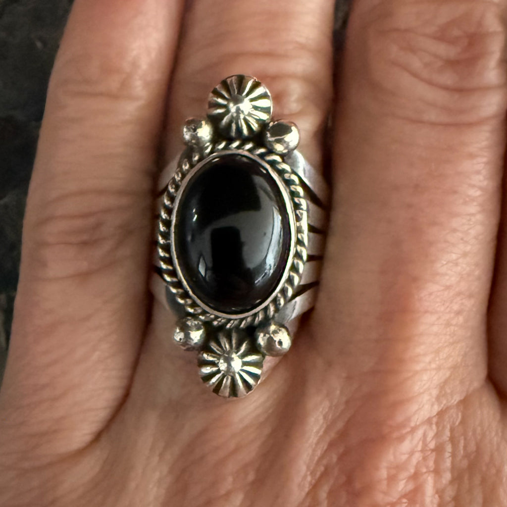 Authentic Native American Handmade Sterling Silver and Black Onyx Ring size 7 1/2.