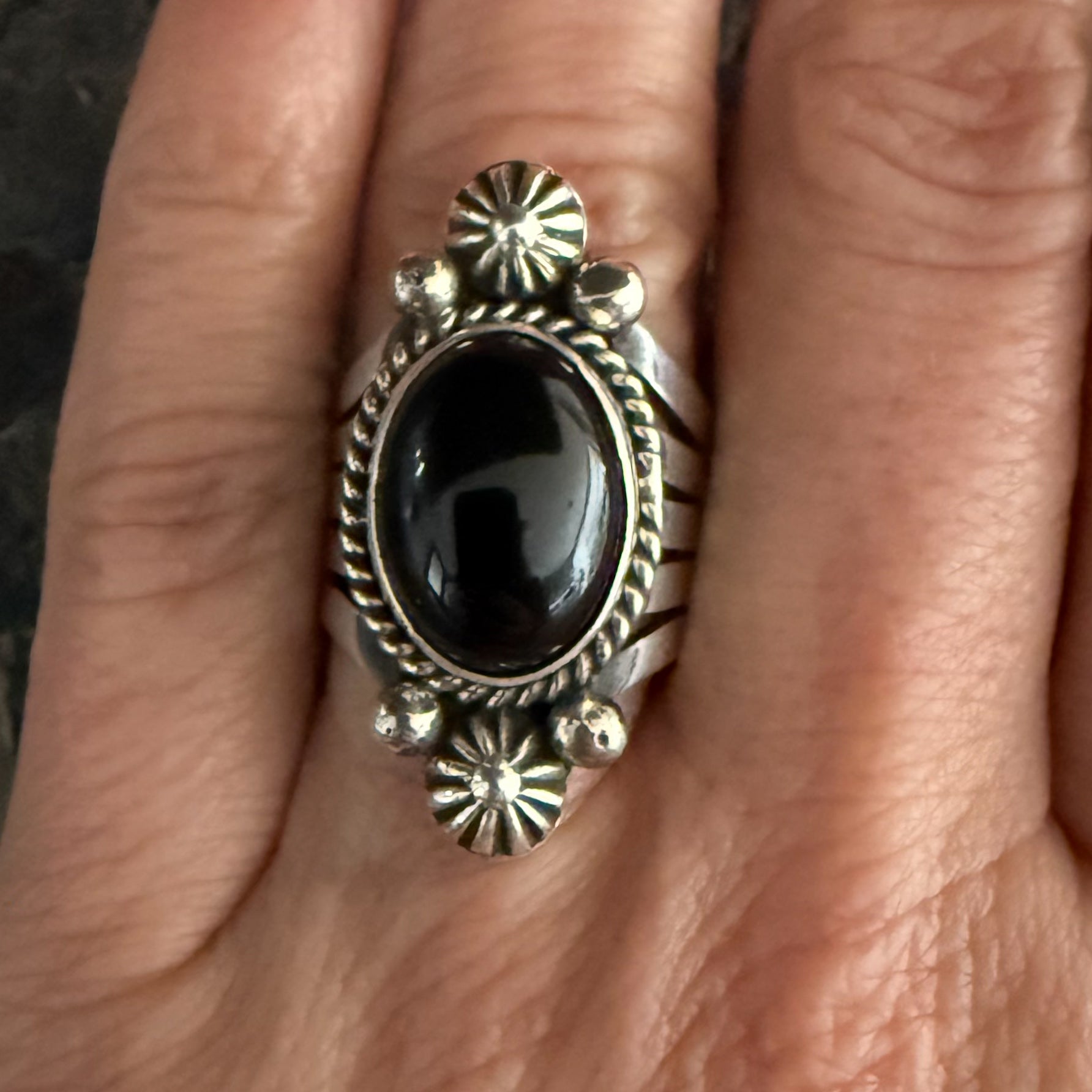 Authentic Native American Handmade Sterling Silver and Black Onyx Ring size 7 1/2.