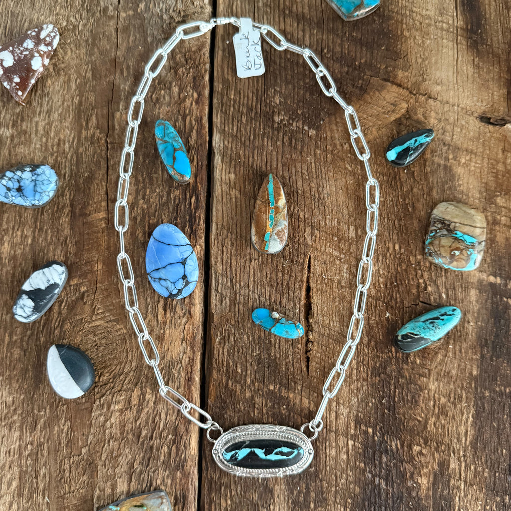 Authentic Native American Handmade Sterling Silver and Black Jack Turquoise Necklace