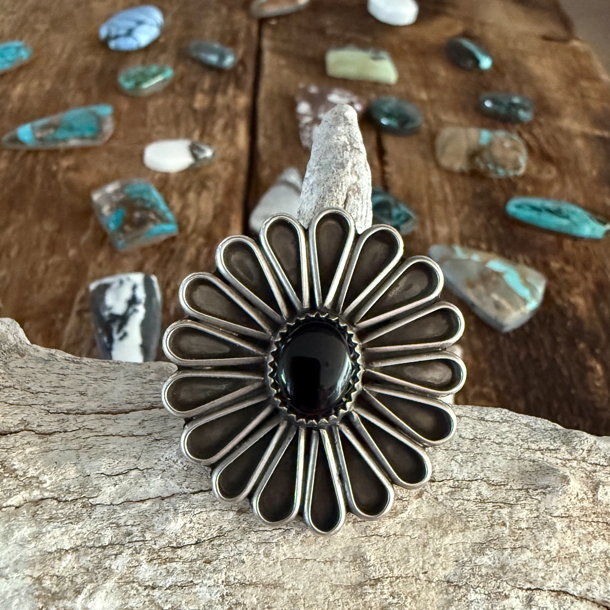 Authentic Native American Handmade Burnished Sterling Silver and Black Onyx Flower Adjustable Ring.