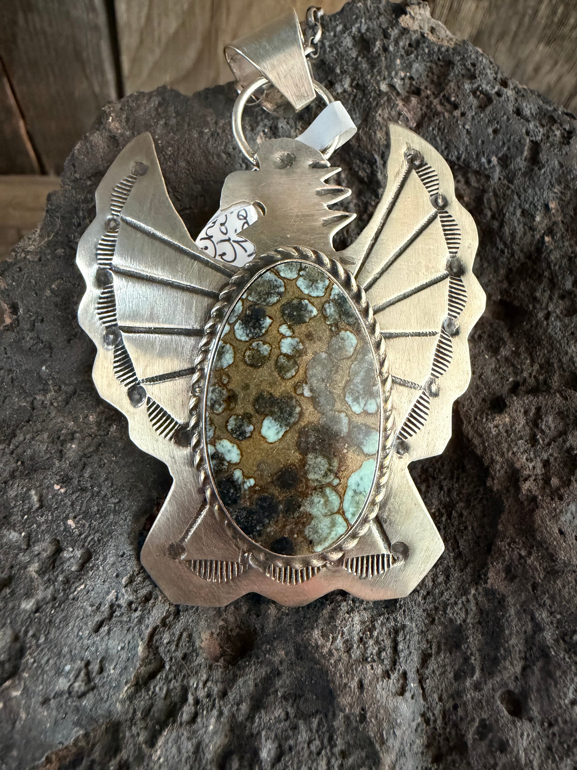 Native American Handmade Sterling Silver Desert Bloom Variscite Thunderbird Necklace 16” Sterling Silver Chain