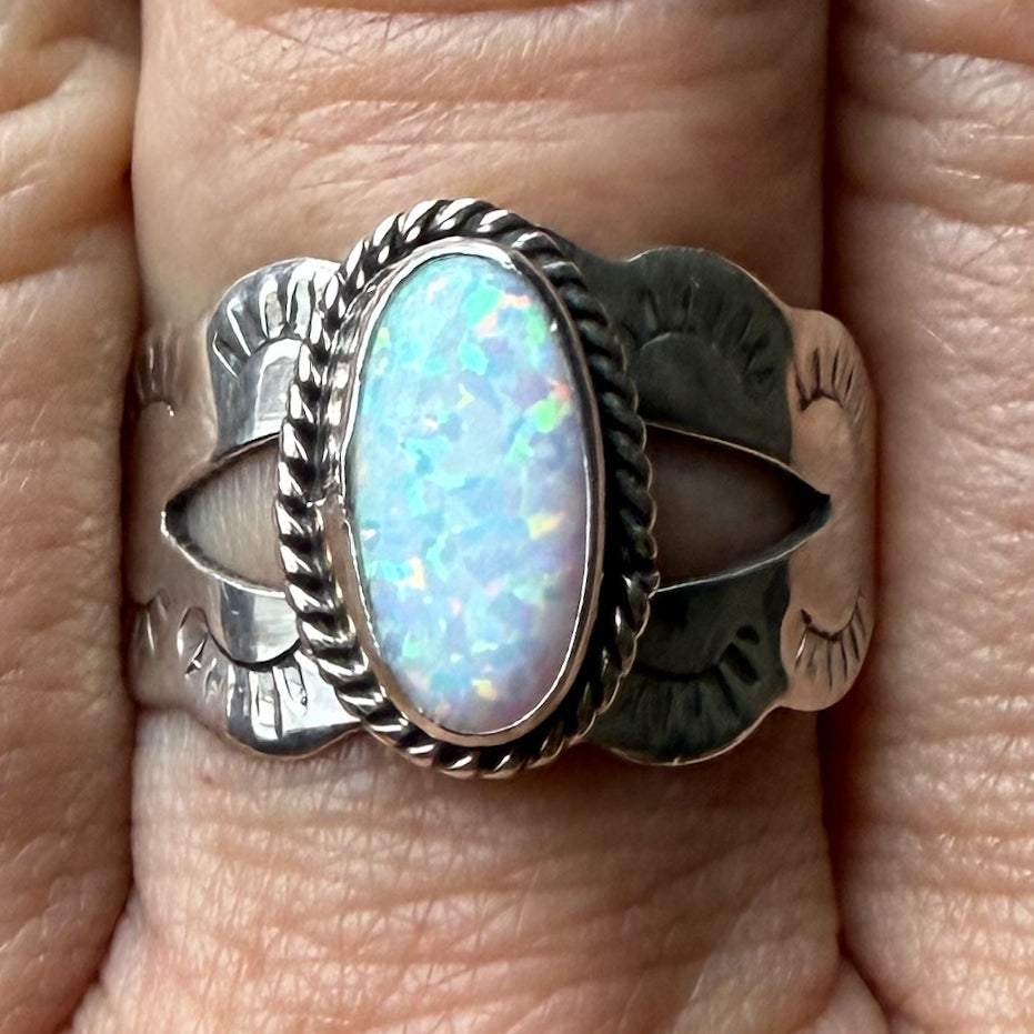 Authentic Native American Handmade Stamped Sterling Silver and Opal Ring size 10.