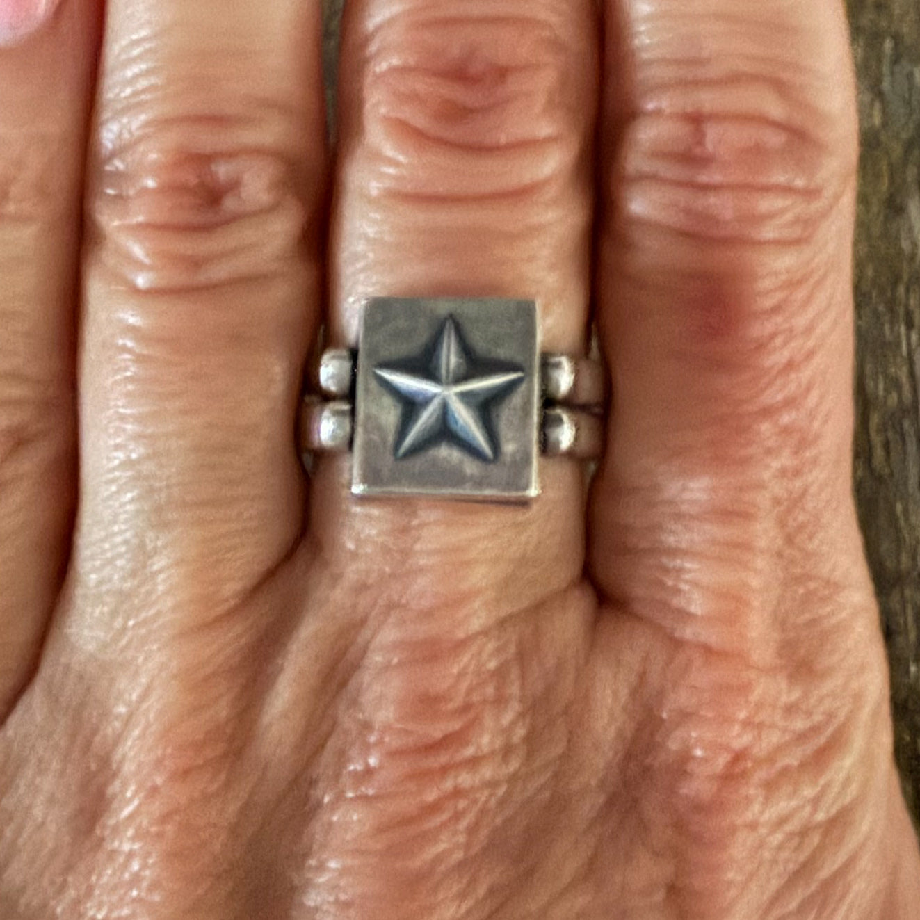 Authentic Native American Sterling Silver and Turquoise Reversible Star Stamped Ring Size 9.