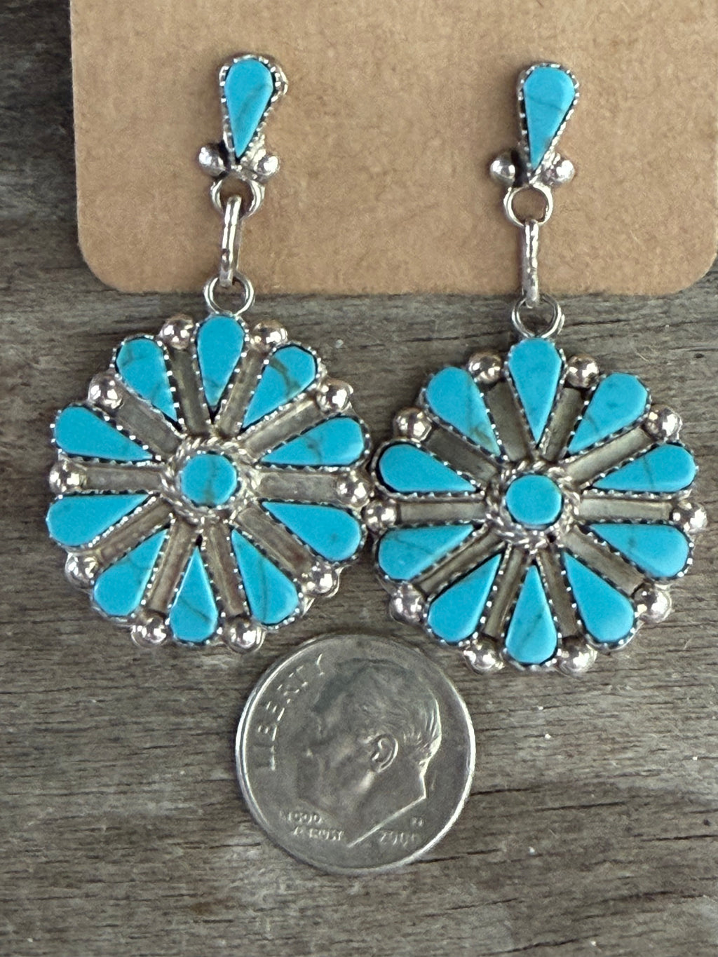 Native American Handmade Sterling Silver Turquoise Cluster Earrings