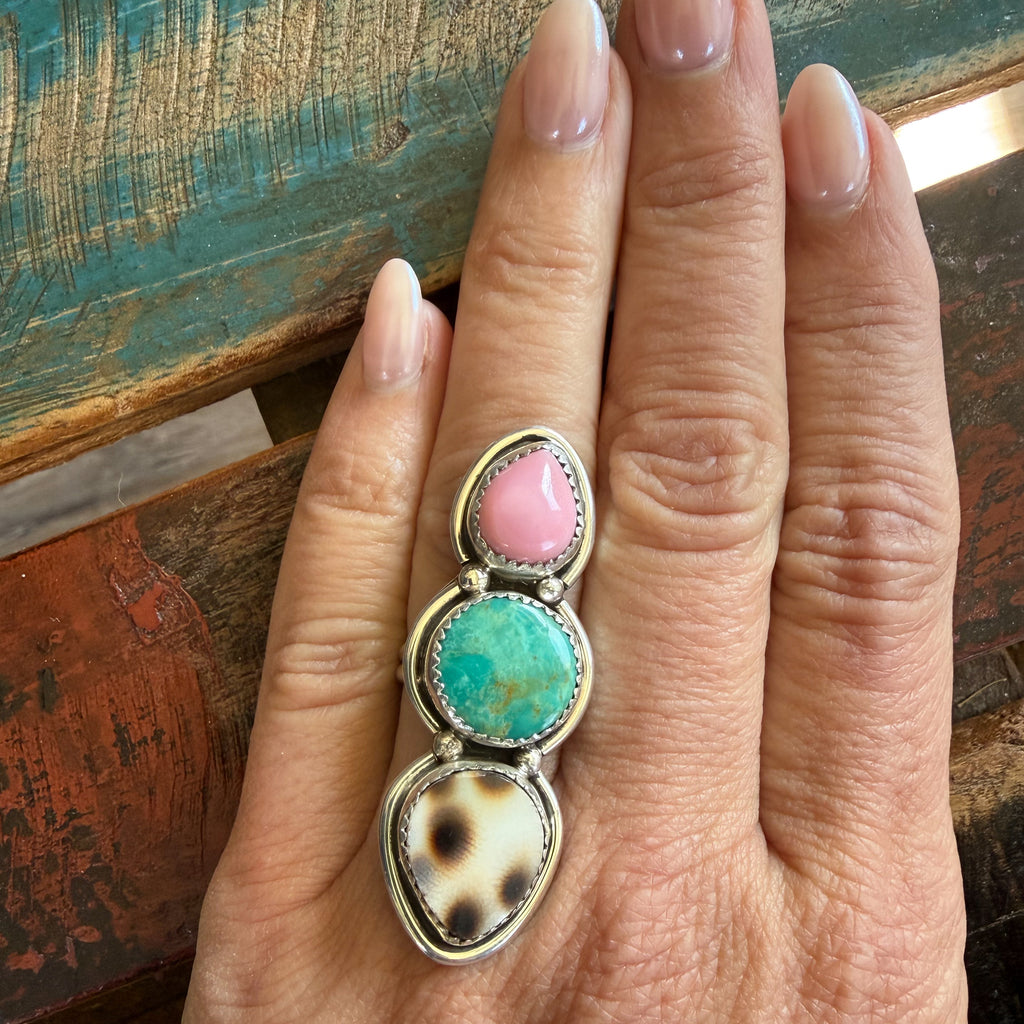 Authentic Native American Handmade Sterling Silver, Turquoise, Cowrie Shell, and Pink Conch Shell Ring size 7