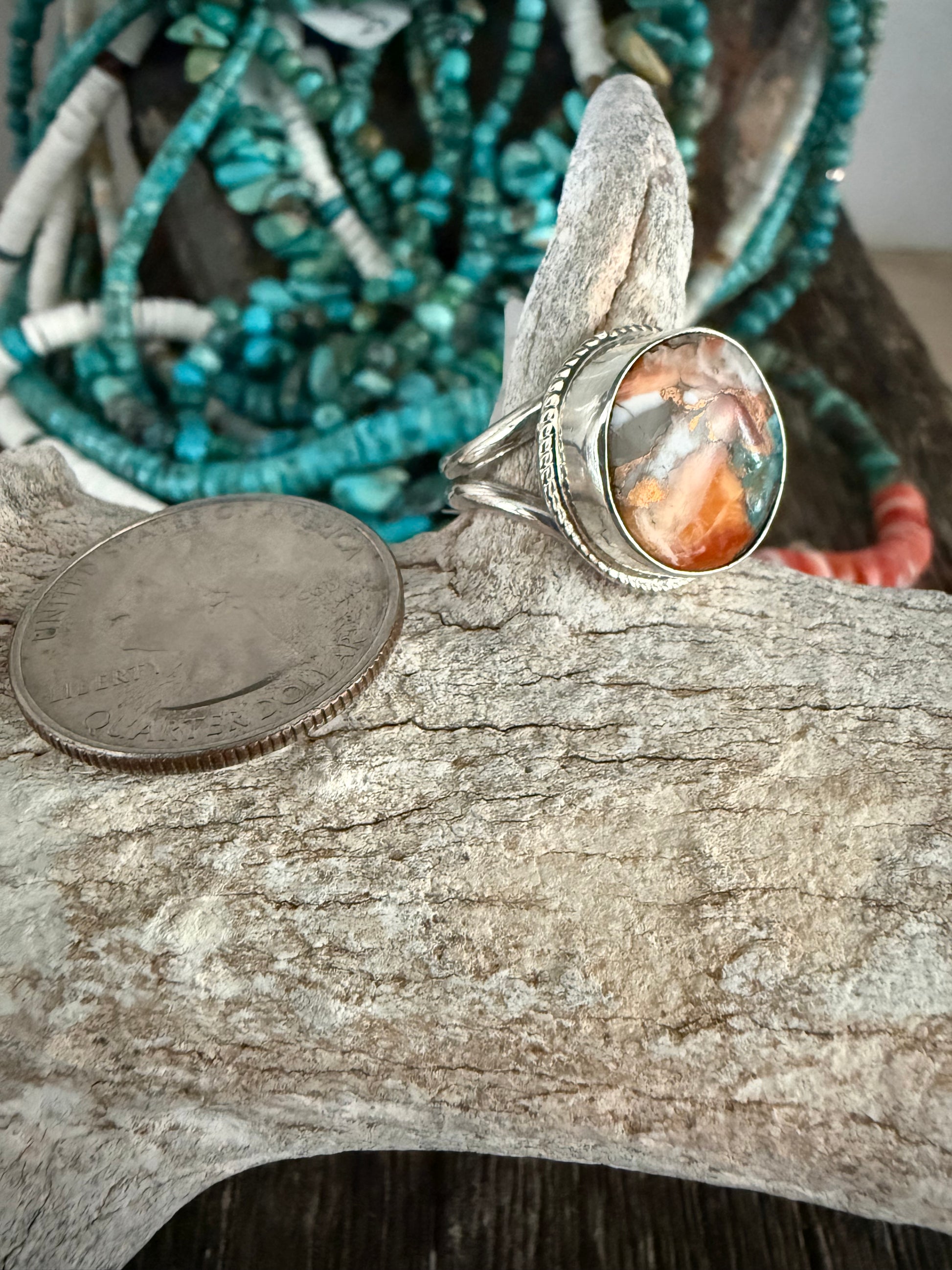 Authentic Native American Handmade Sterling Silver and Mojave Turquoise Ring size 6.
