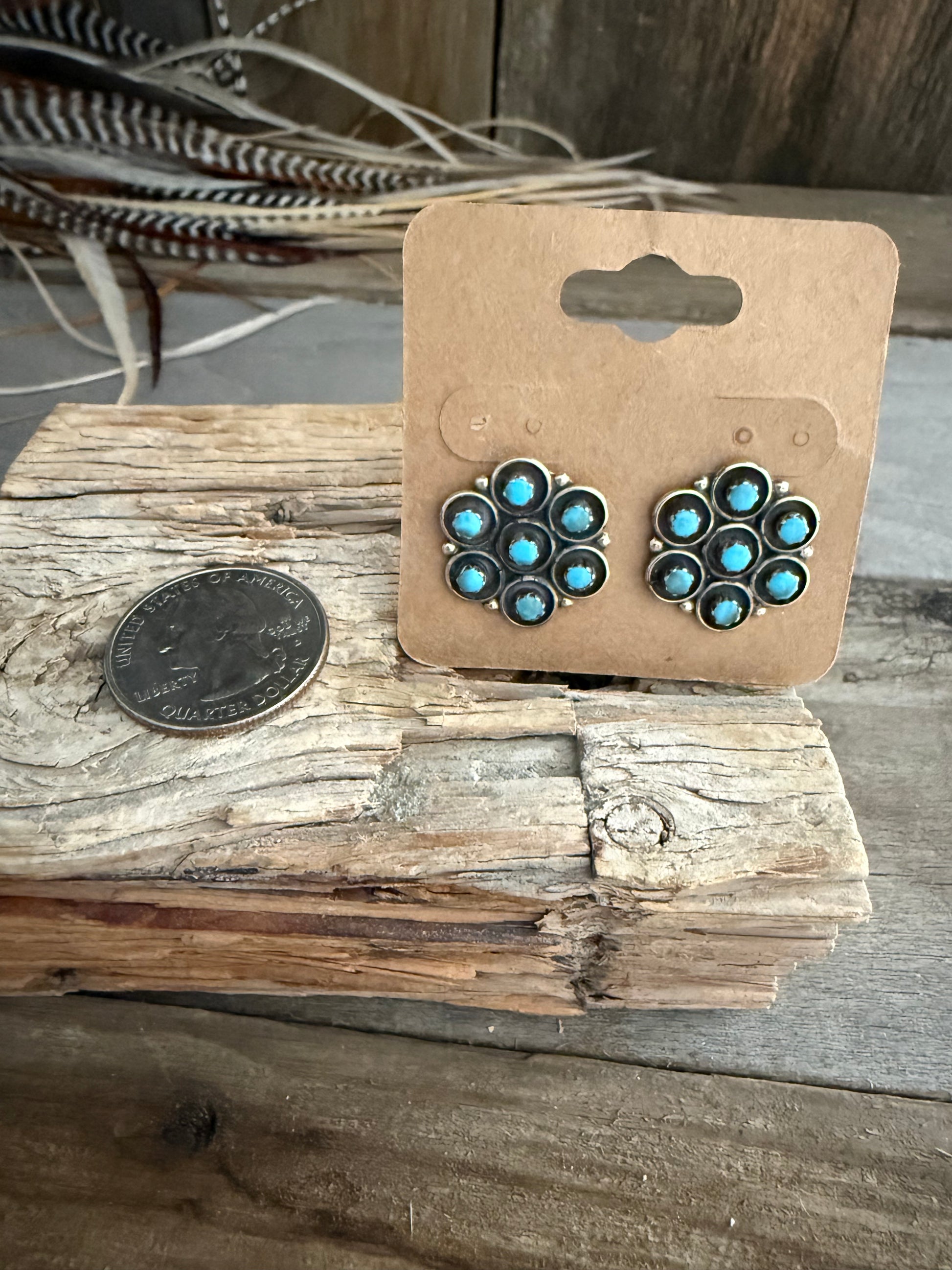 Authentic Native American Handmade Sterling Silver and Turquoise Stud Earrings