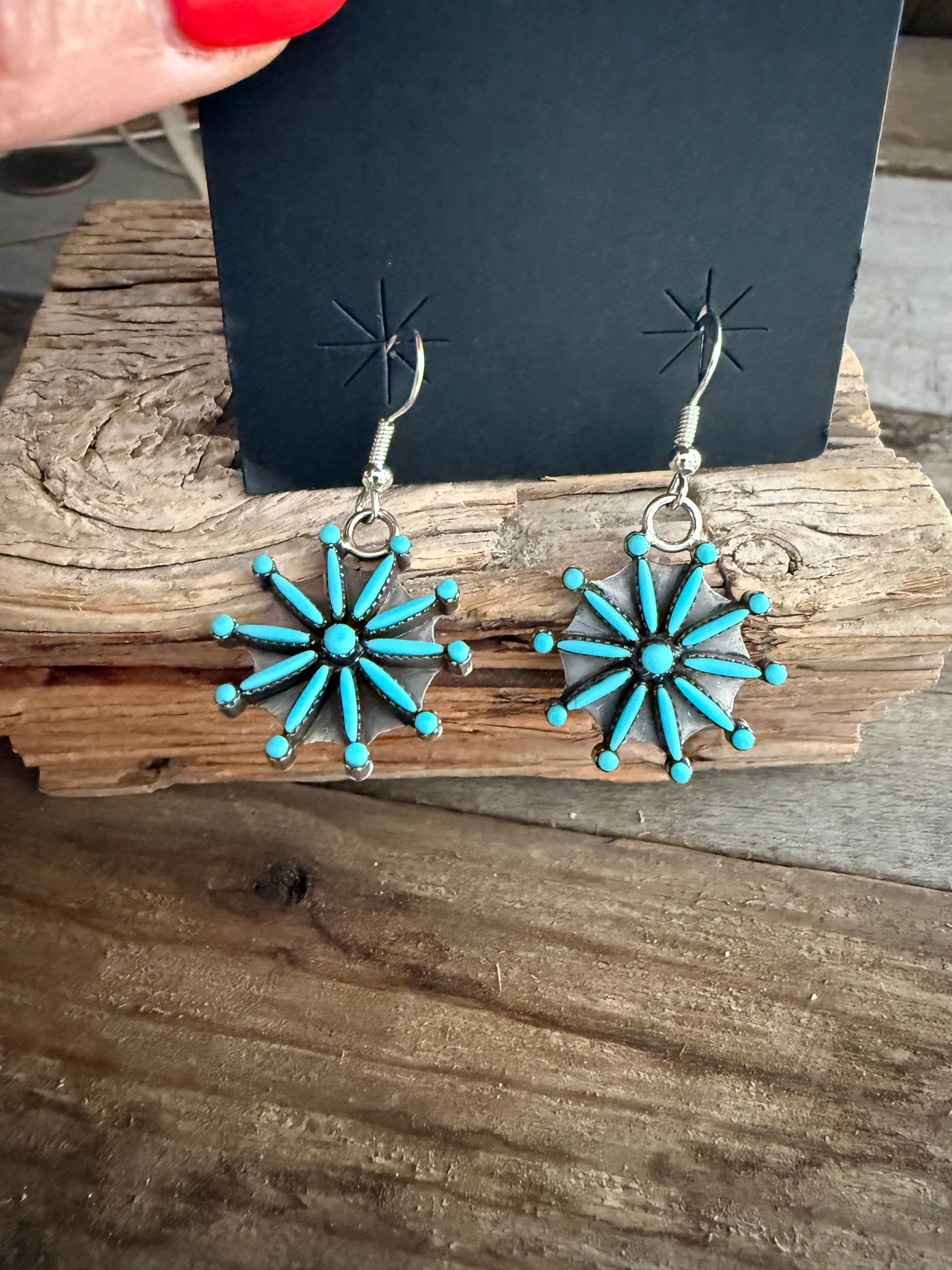 Authentic Native American Handmade Zuni Needle Point Sterling Silver and Turquoise Sibert Bowannie Sr. Earrings