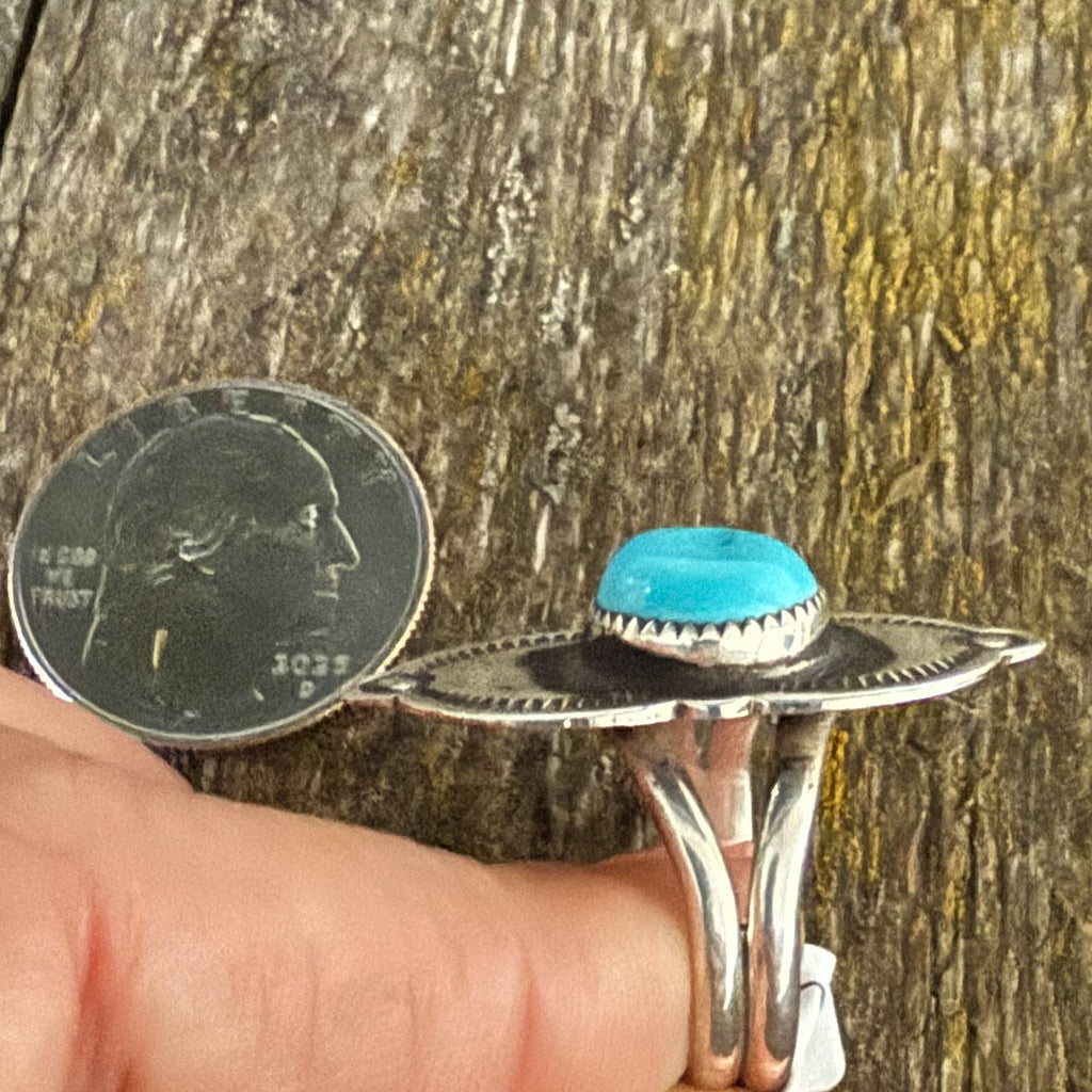 Native American Randy BegayHandmade Stamped Sterling Silver Sleeping Beauty Ring Size 9