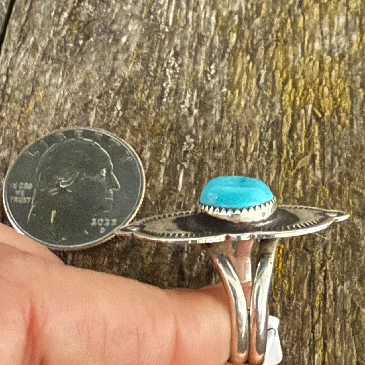 Authentic Native American Handmade Stamped Sterling Silver and Turquoise Ring Size 9.