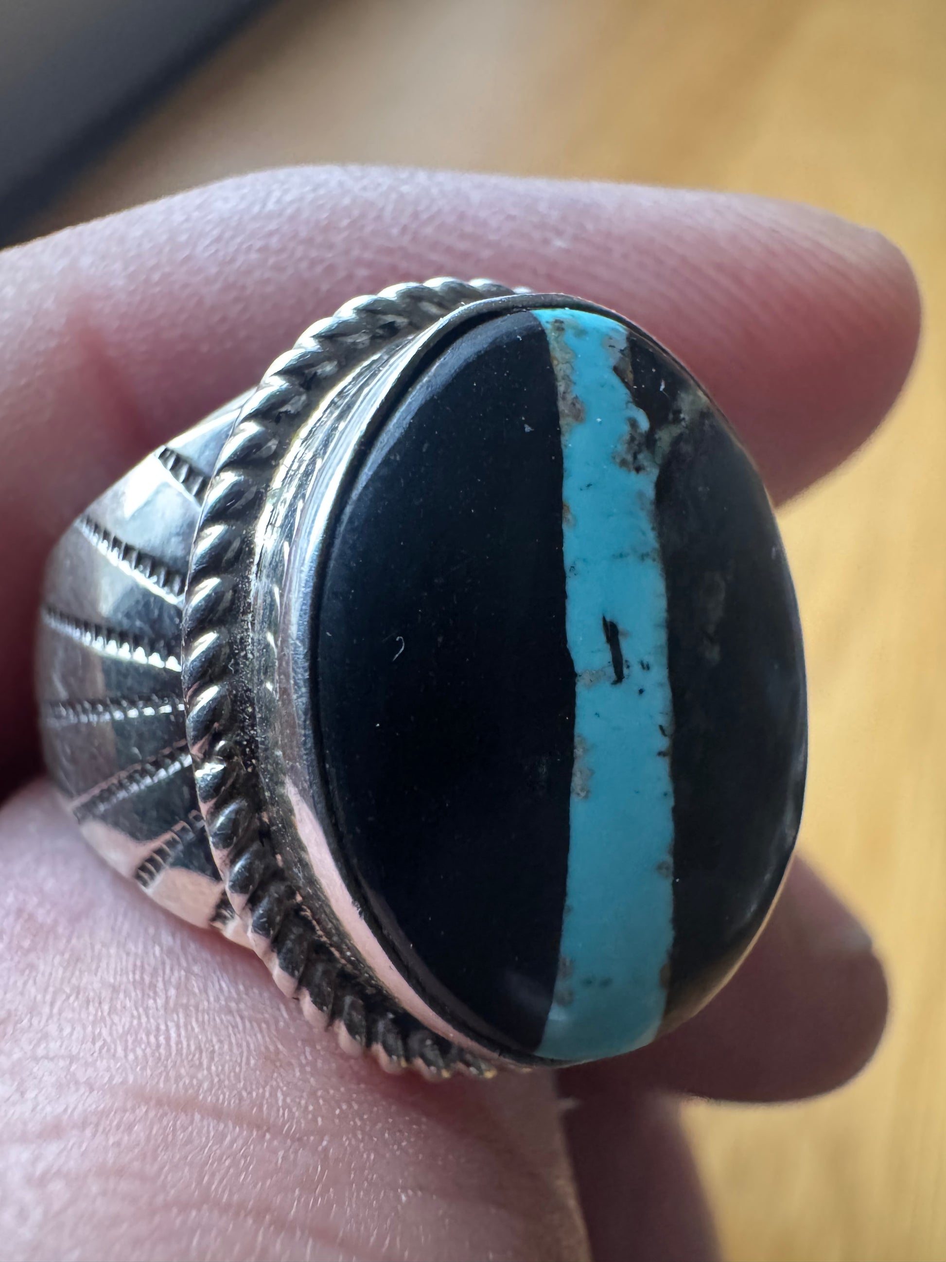 Handmade Sterling Silver Blackjack Turquoise Ring Size 10.75
