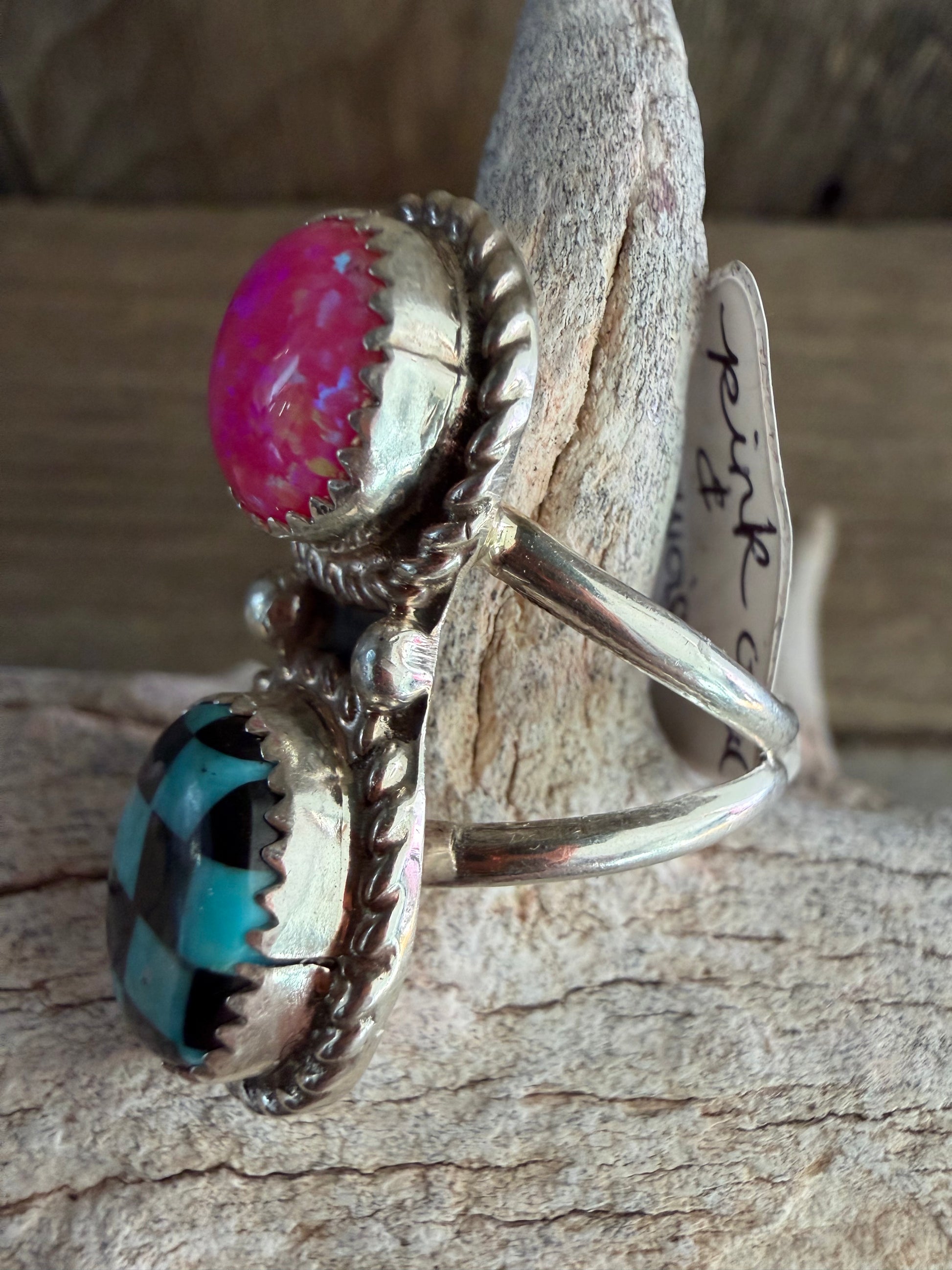 Native American Herbert Tsosie Handmade Pink Opal Ring-Sterling Silver Ring Size 8.25