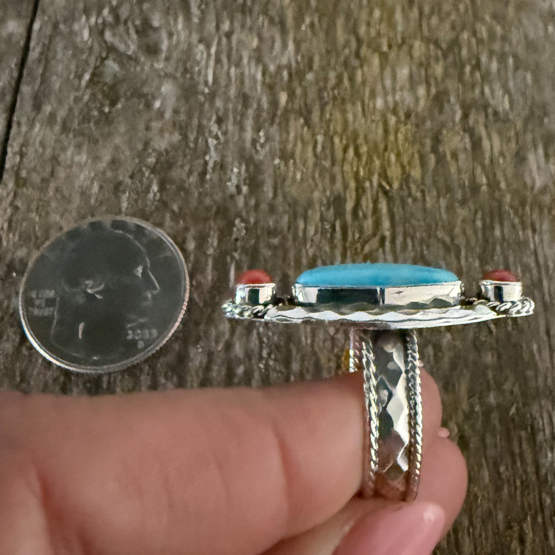 Authentic Native American Handmade Sterling Silver Turquoise and Coral Ring Size 8.