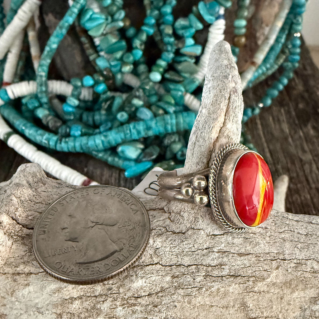 Authentic Native American Handmade Sterling Silver and Red and Yellow Rosarita size 9.
