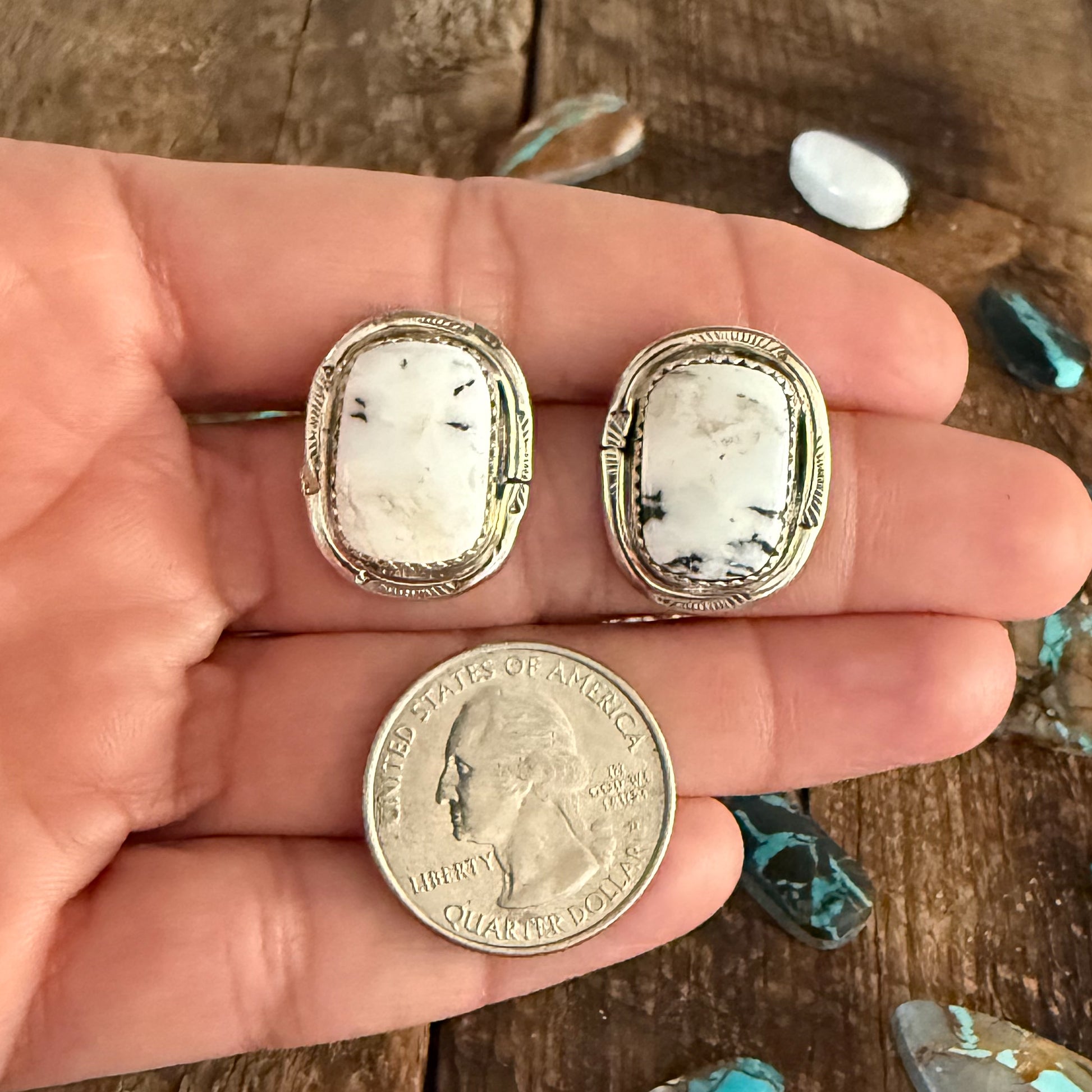 Authentic Native American Handmade Sterling Silver and White Buffalo Stud Earrings
