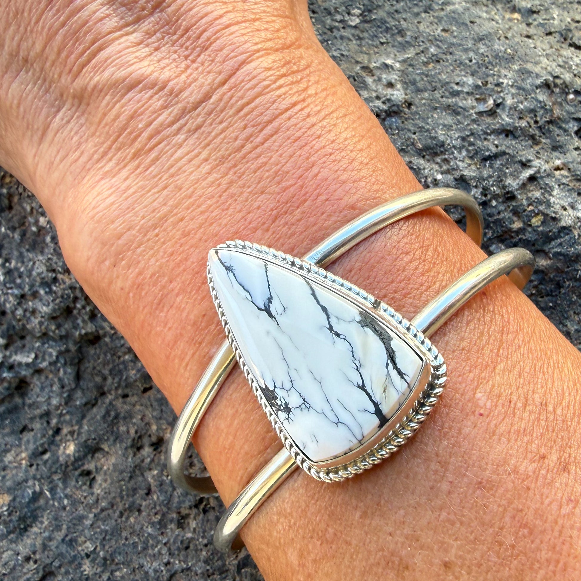 Authentic Native American Handmade Sterling Silver and White Buffalo Cuff Bracelet