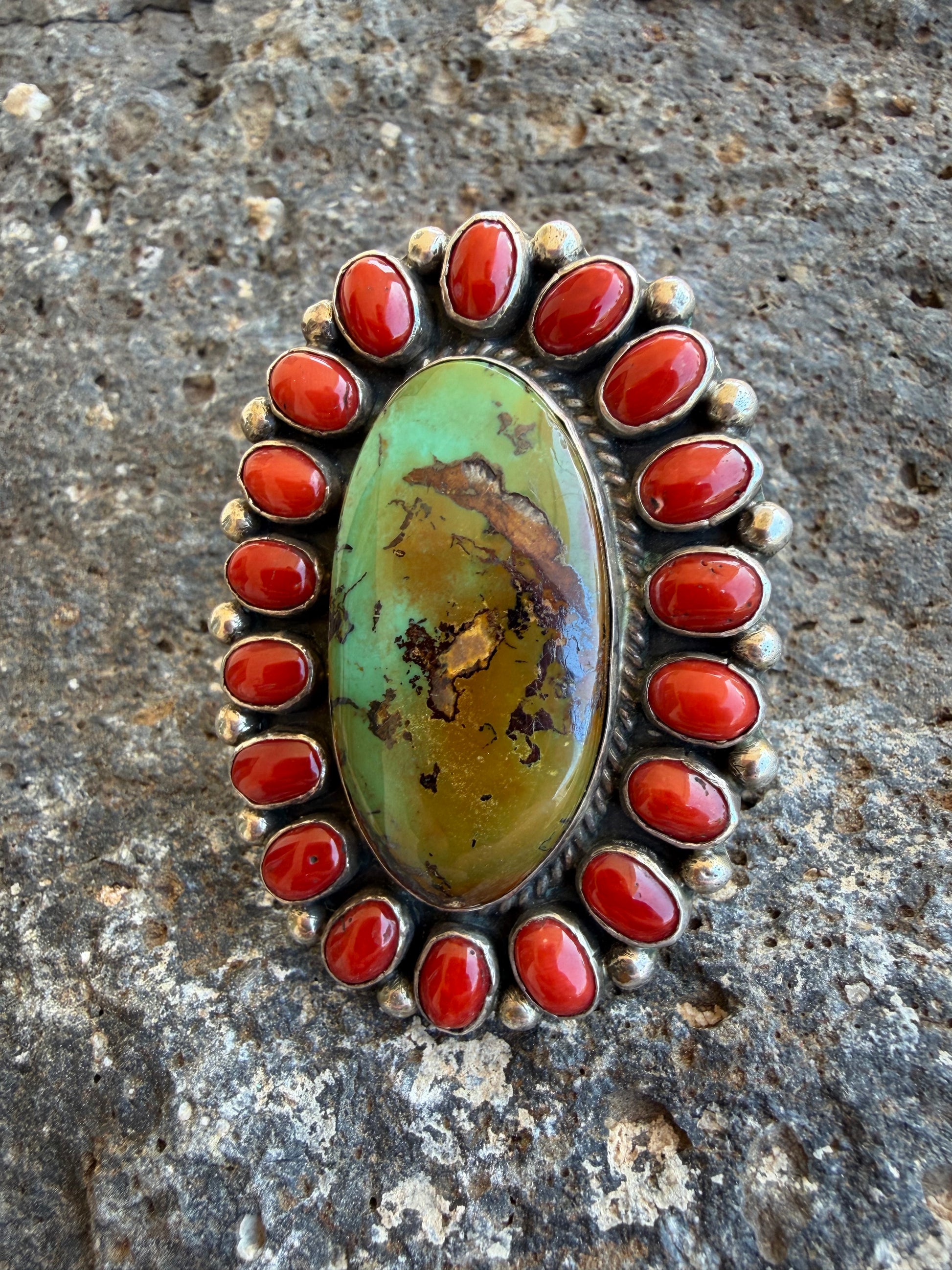 Native American Hemerson Brown Handmade Sterling Silver Coral-Royston Turquoise Ring Size 10