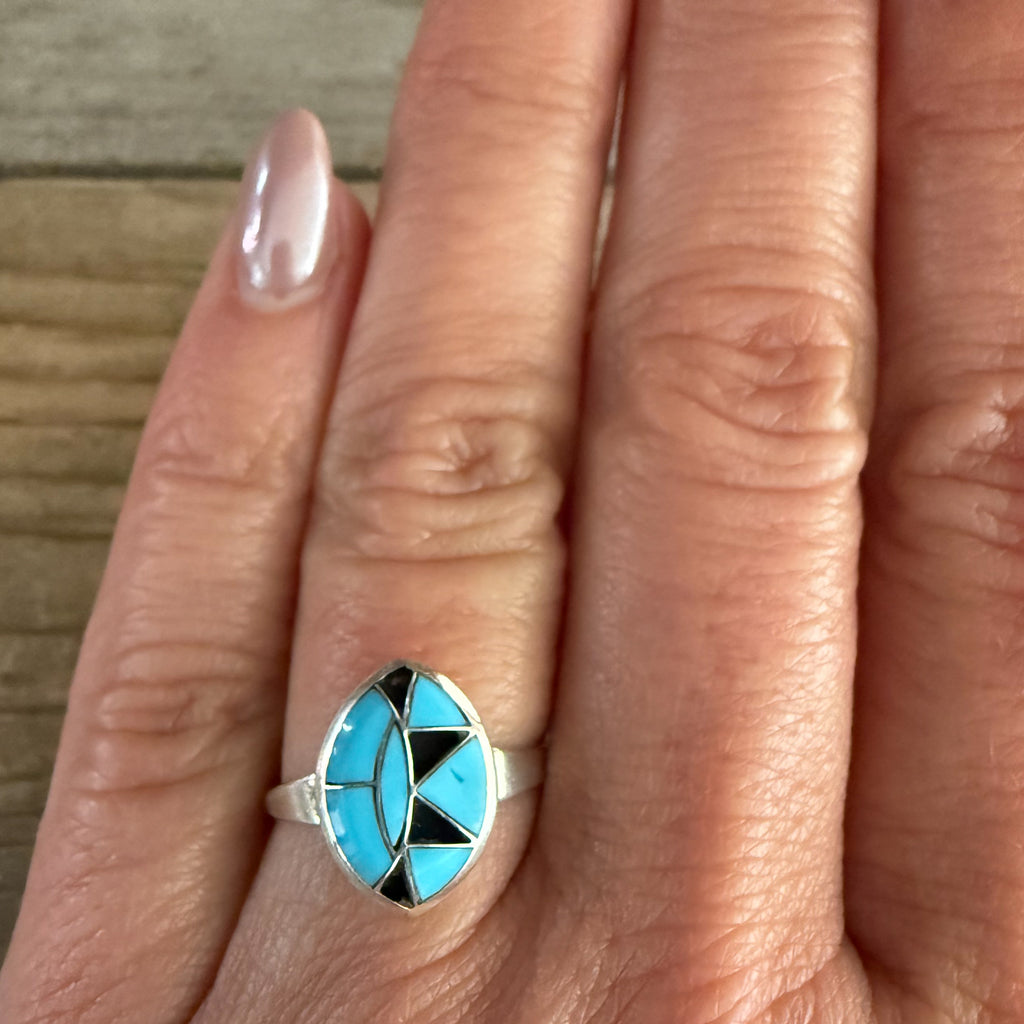 Authentic Native American Handmade Sterling Silver and Turquoise Ring size 6 3/4