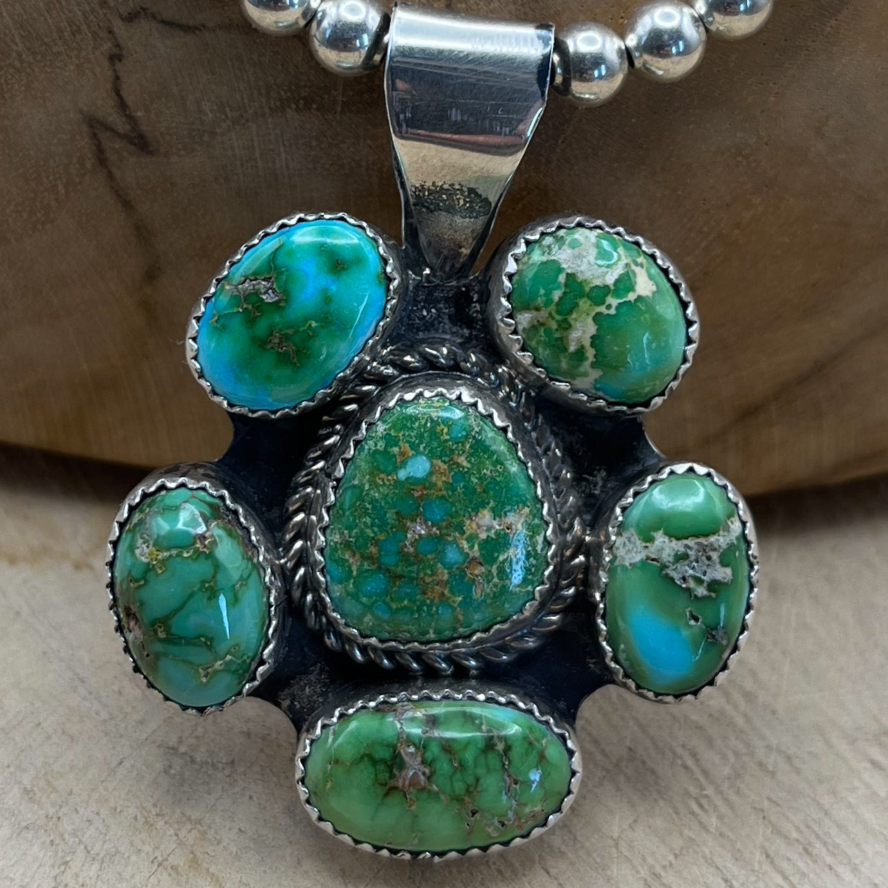 Authentic Native American Sterling Silver Turquoise Flower Cluster Pendant and Navajo Pearl Necklace