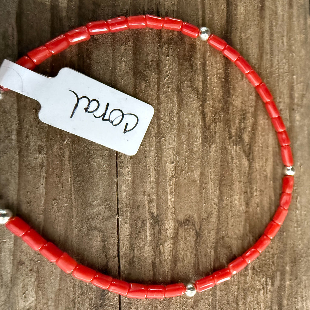 Authentic Native American Handmade Sterling Silver and Coral   Heishi Bead Bracelet size 7.25.